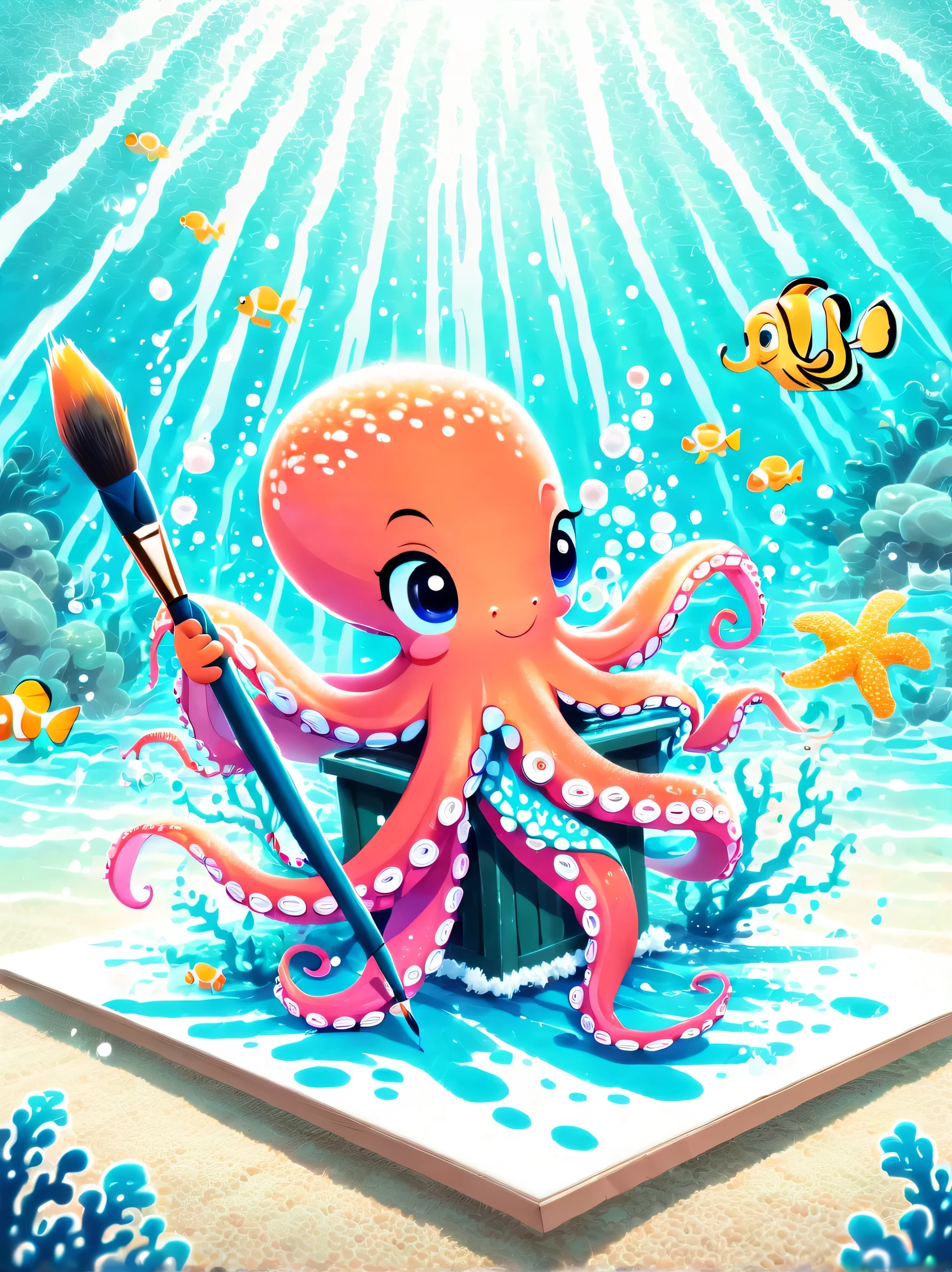 Illustration style and whimsical atmosphere，Underwater world，((1 cute octopus draws on the drawing board with a paintbrush:1.5))，((油画颜料和彩色ink的强烈飞溅效果:1.6))，(More ink splatter effects on the canvas and octopus:1.6)，(Character covered in ink liquid splatter:1.6), (Underwater world背景，Splashed ink，ink:1.6)，The octopus should look happy doing its art，Surrounded by a vibrant aquatic environment filled with coral and marine life。(Vector illustration:1.2)