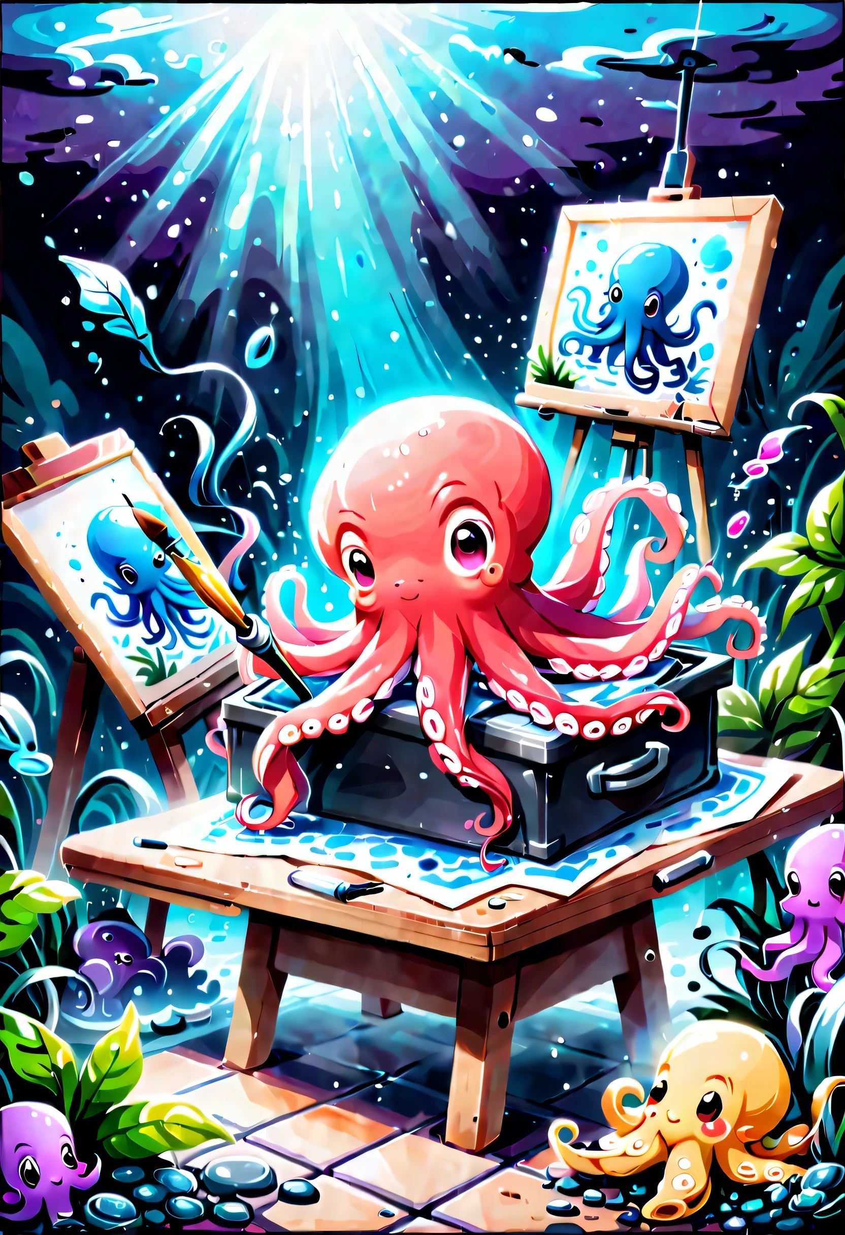 Illustration style and whimsical atmosphere，Underwater world，((1 cute octopus draws on the drawing board with a paintbrush:1.5))，((油画颜料和彩色ink的强烈飞溅效果:1.6))，(More ink splatter effects on the canvas and octopus)，(Character covered in ink liquid splatter), (Underwater world背景，Splashed ink，ink)，The octopus should look happy doing its art，Surrounded by a vibrant aquatic environment filled with coral and marine life。(Vector illustration:1.2)