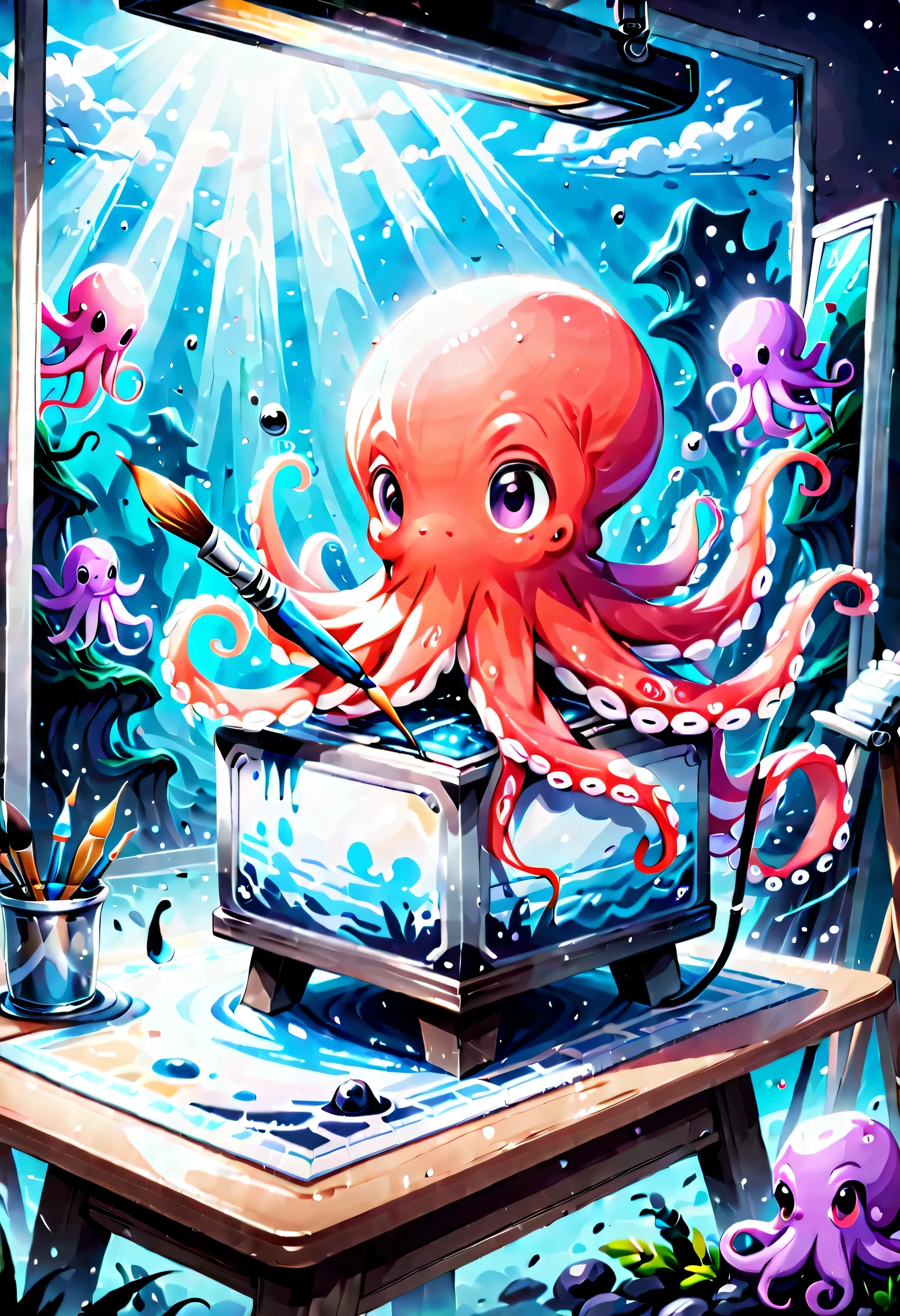 Illustration style and whimsical atmosphere，Underwater world，((1 cute octopus draws on the drawing board with a paintbrush:1.5))，((油画颜料和彩色ink的强烈飞溅效果:1.6))，(More ink splatter effects on the canvas and octopus)，(Character covered in ink liquid splatter), (Underwater world背景，Splashed ink，ink)，The octopus should look happy doing its art，Surrounded by a vibrant aquatic environment filled with coral and marine life。(Vector illustration:1.2)