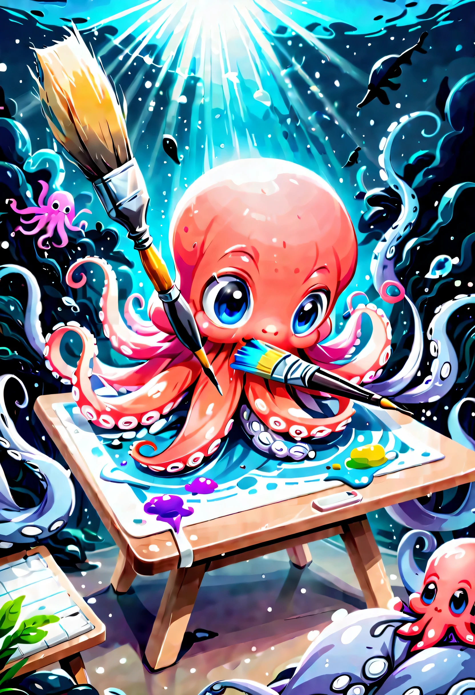 Illustration style and whimsical atmosphere，Underwater world，((1 cute octopus draws on the drawing board with a paintbrush:1.5))，((油画颜料和彩色ink的强烈飞溅效果:1.6))，(More ink splatter effects on the canvas and octopus)，(Character covered in ink liquid splatter), (Underwater world背景，Splashed ink，ink)，The octopus should look happy doing its art，Surrounded by a vibrant aquatic environment filled with coral and marine life。(Vector illustration:1.2)