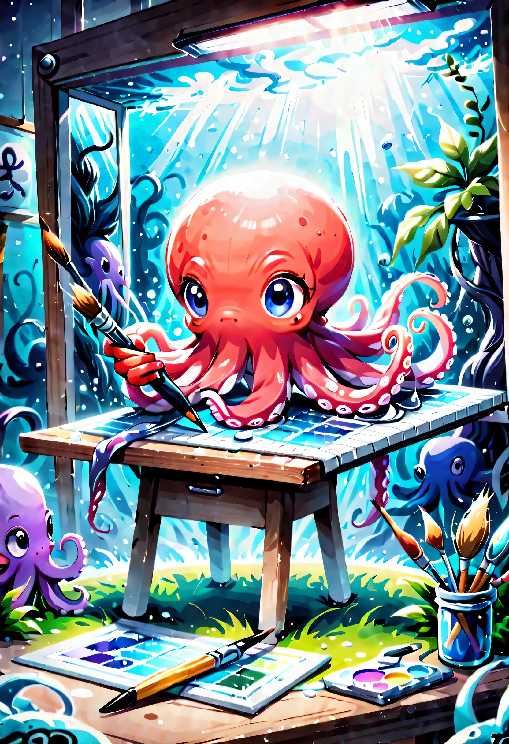 Illustration style and whimsical atmosphere，Underwater world，((1 cute octopus draws on the drawing board with a paintbrush:1.5))，((油画颜料和彩色ink的强烈飞溅效果:1.6))，(More ink splatter effects on the canvas and octopus)，(Character covered in ink liquid splatter), (Underwater world背景，Splashed ink，ink)，The octopus should look happy doing its art，Surrounded by a vibrant aquatic environment filled with coral and marine life。(Vector illustration:1.2)