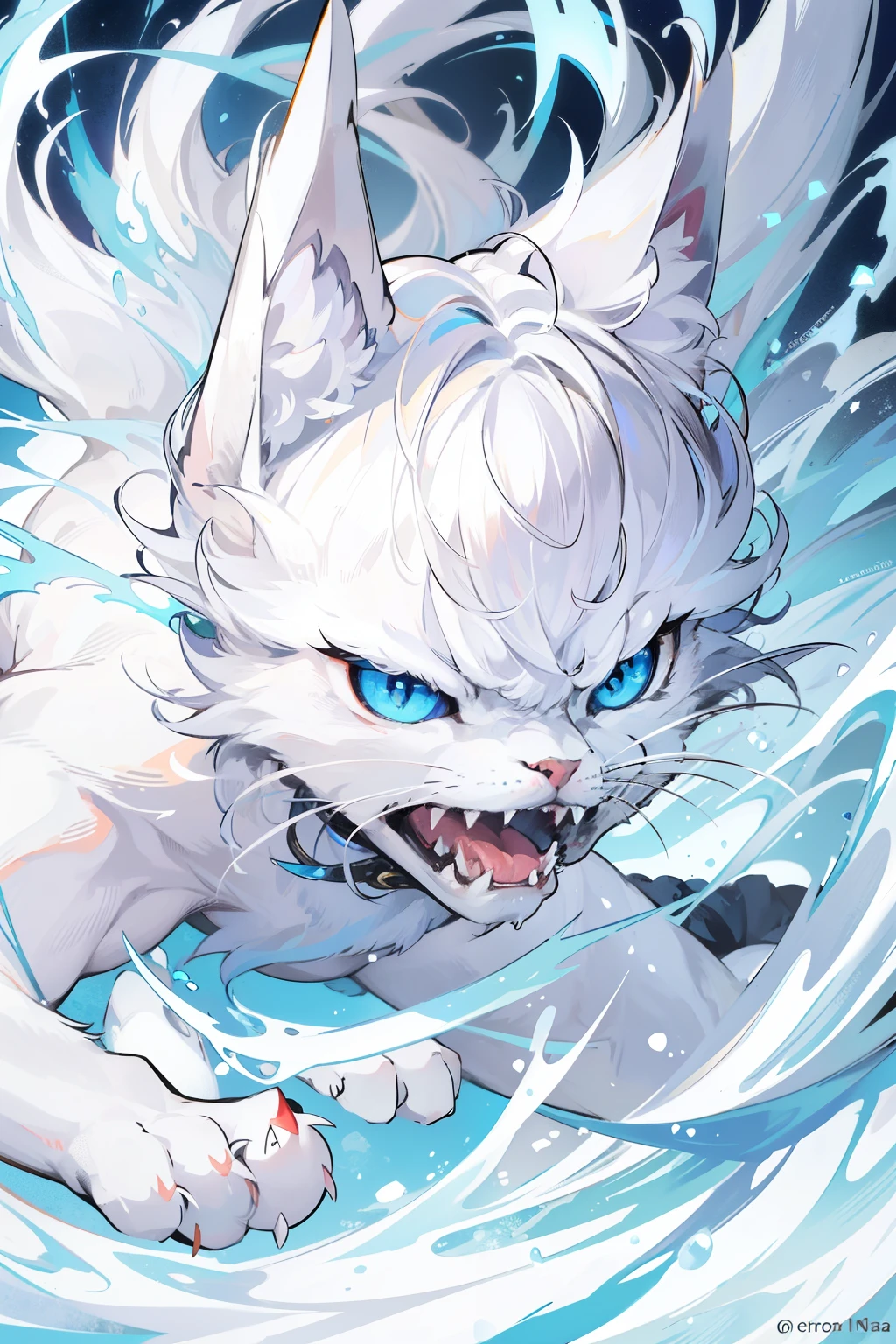 In the captivating image, a fantastic white angry cat is depicted in exquisite detail. The cat's fur is rendered in pristine white, each strand sharp and textured. Its piercing blue eyes glint with unyielding anger, reflecting the intensity of its emotional state. Its open mouth reveals a set of razor-sharp teeth, ready to pounce. The cat's body is tensed, every muscle defined and poised for action. Behind it, a serene landscape unfolds, adding a contrasting sense of tranquility to the dominating emotion of the cat's expression. This stunning masterpiece captures the beauty and raw power of this magnificent creature.