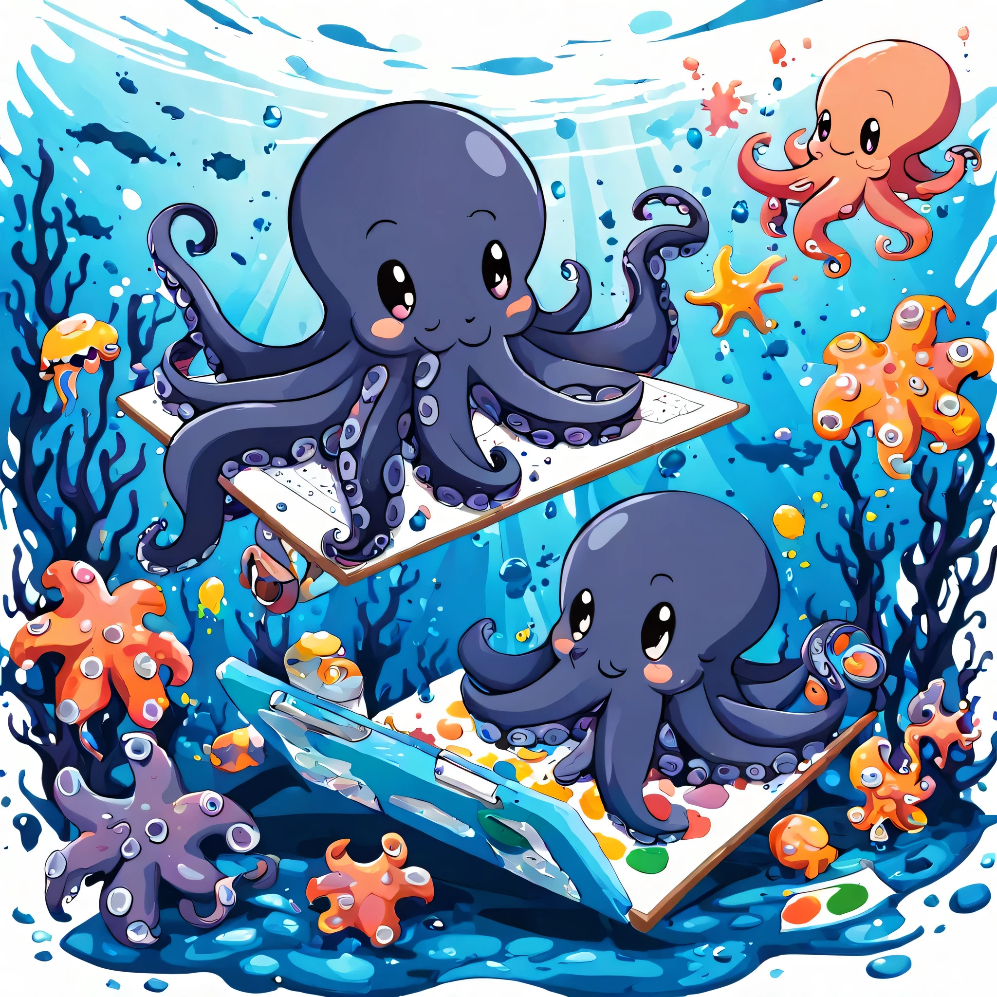 Illustration style and whimsical atmosphere,Underwater world,((Cute octopus drawing on drawing board:1.5))。((Strong splatter effect of oil paint and colored ink:1.6)),(More splatter effects on the canvas and the octopus itself)。The octopus should look happy doing its art,Surrounded by a vibrant aquatic environment filled with coral and marine life。(Vector illustration:1.2)