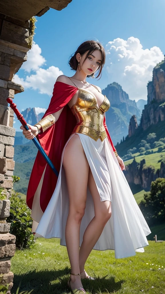 Young woman, goddess, (((Blue and red eyes))), Beautiful makeup, bright red lips, Short white lace dress, (thin), hair, (hairสีดำ, hairตรง, hairยาวมาก), milk, (, เต้าmilkใหญ่,  augmentation), shape, (small waist, ร่างกายthin), (majestic, Charming Succubus), (Short white dress, tight fitting, gold pattern), (Red coat, floating cloak), (Few pieces of armor), (dynamic poses), (holding sacred weapons, long staff, antique walking stick, Sorcerer's Staff, Witch's Staff), CG, Realistic resolution, 8K, light transmission figure, fight, Monster, Magic, beam, (sky backdrop, cliff, meadow, Dungeon, historic site),