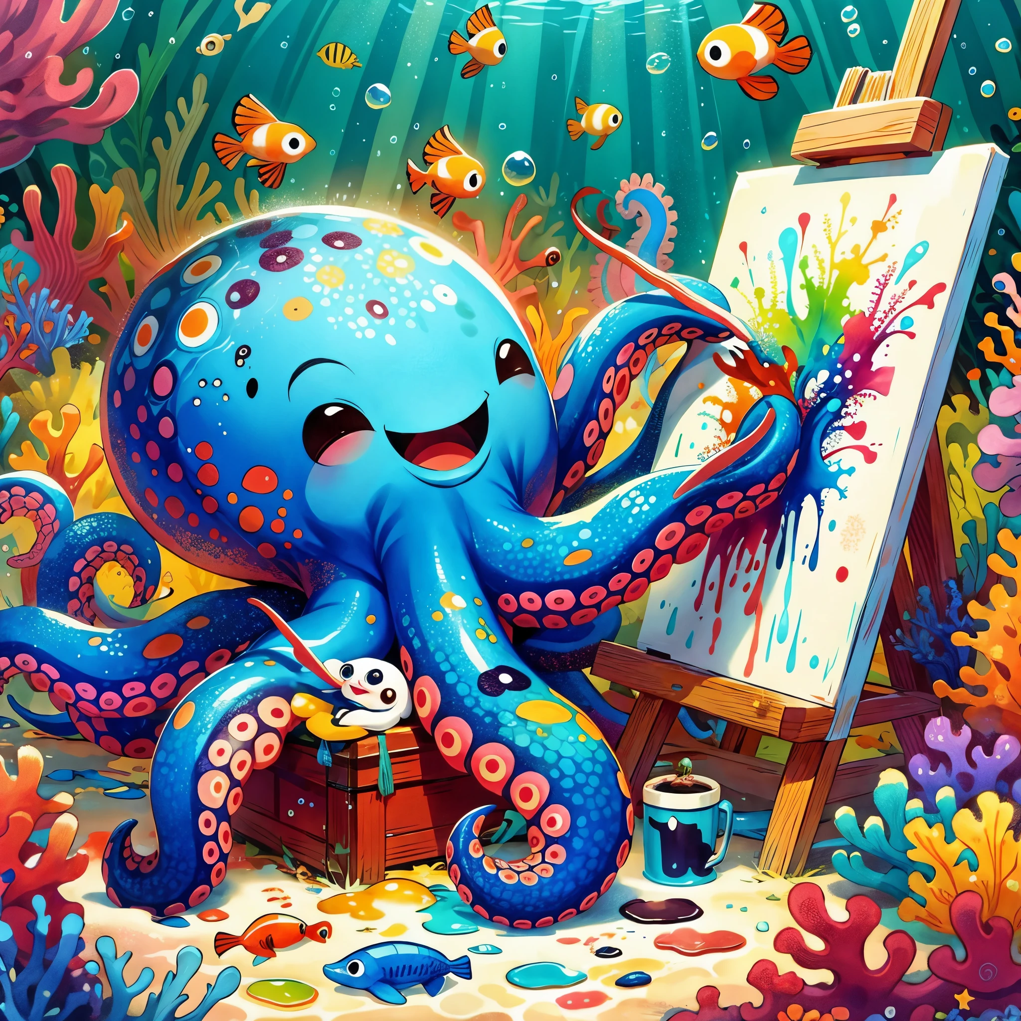 Continue with the same style and whimsical atmosphere as the previous illustrations, depicting an underwater world with a cute octopus engaging in painting. Emphasize the intense splatter effect of oil paint and colorful ink, with more splashes on the canvas and on the octopus itself. The octopus should appear happily engaged in its artistic activity, surrounded by a vibrant aquatic environment with coral and marine life.