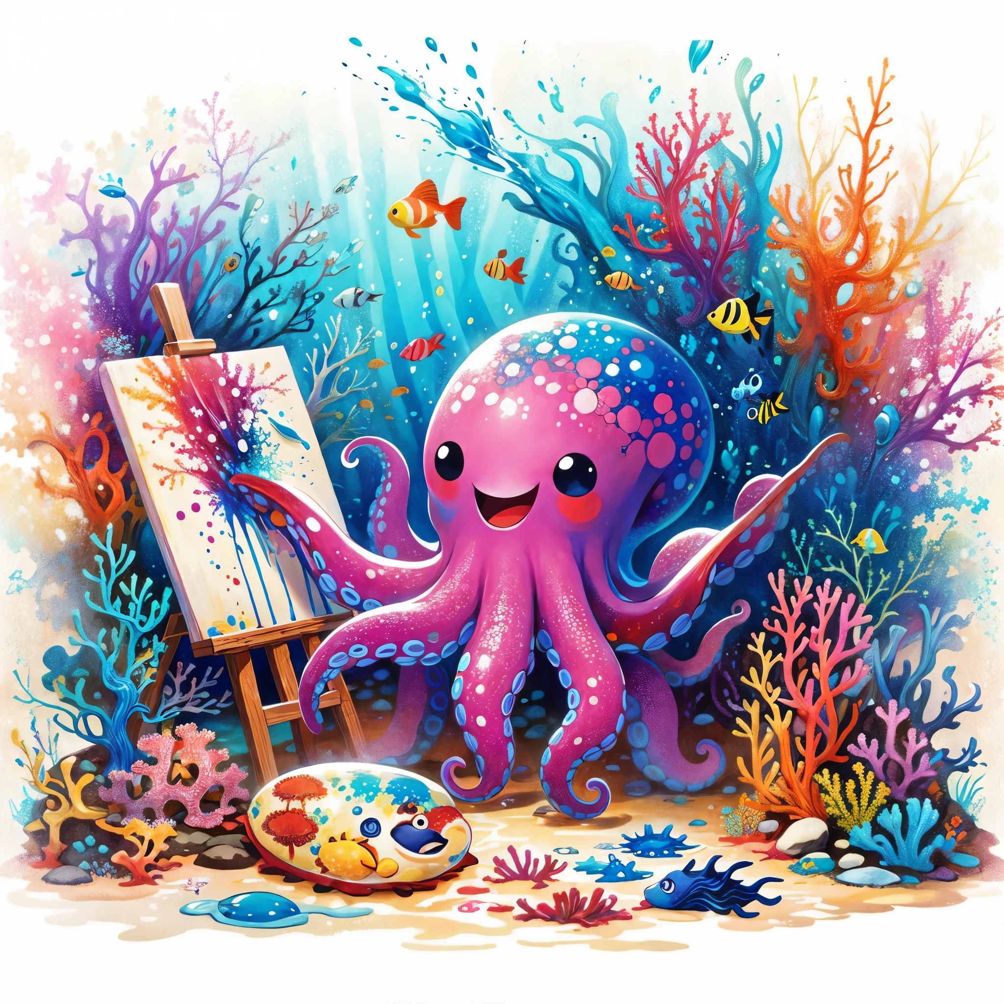 Continue with the same style and whimsical atmosphere as the previous illustrations, depicting an underwater world with a cute octopus engaging in painting. Emphasize the intense splatter effect of oil paint and colorful ink, with more splashes on the canvas and on the octopus itself. The octopus should appear happily engaged in its artistic activity, surrounded by a vibrant aquatic environment with coral and marine life.