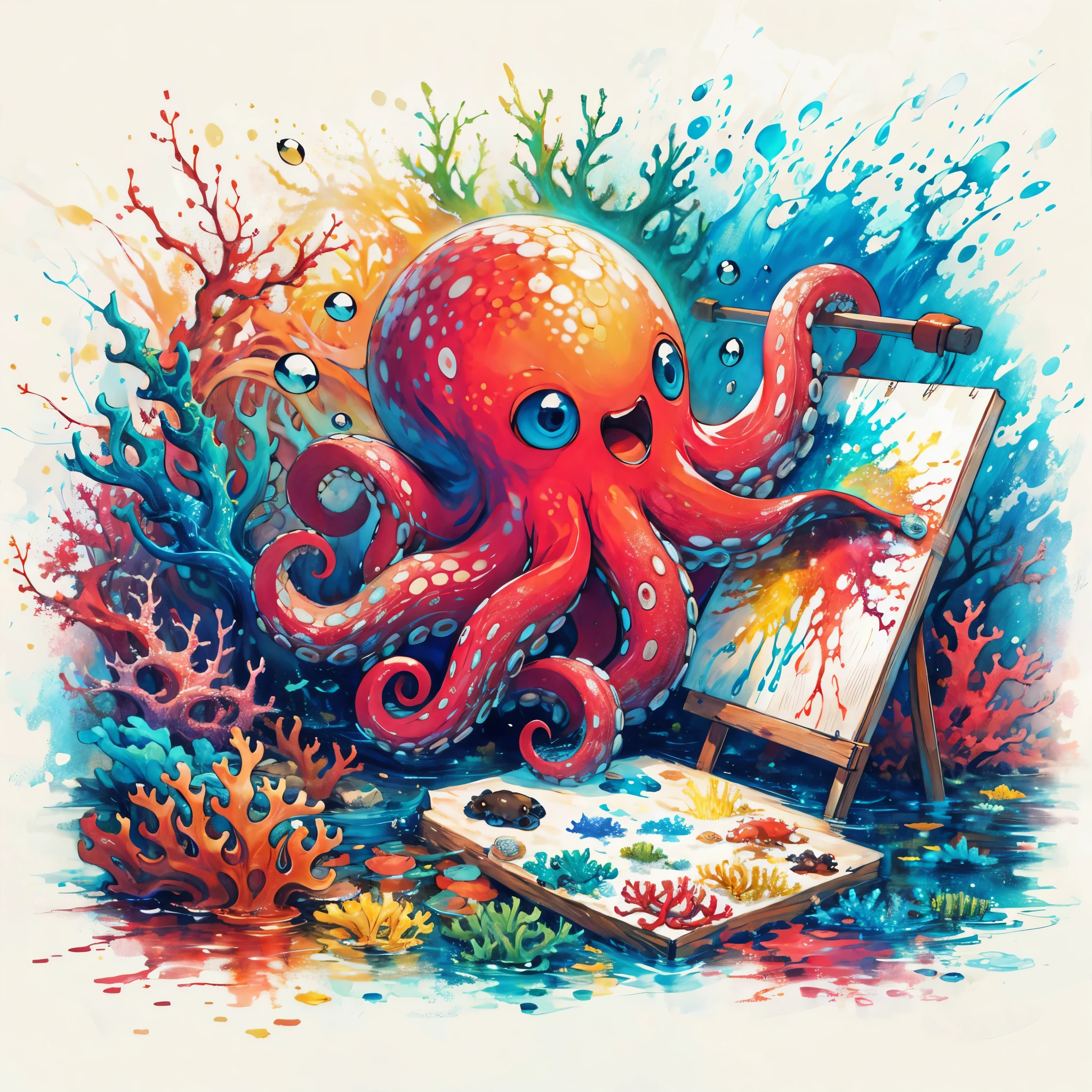 Continue with the same style and whimsical atmosphere as the previous illustrations, depicting an underwater world with a cute octopus engaging in painting. Emphasize the intense splatter effect of oil paint and colorful ink, with more splashes on the canvas and on the octopus itself. The octopus should appear happily engaged in its artistic activity, surrounded by a vibrant aquatic environment with coral and marine life.