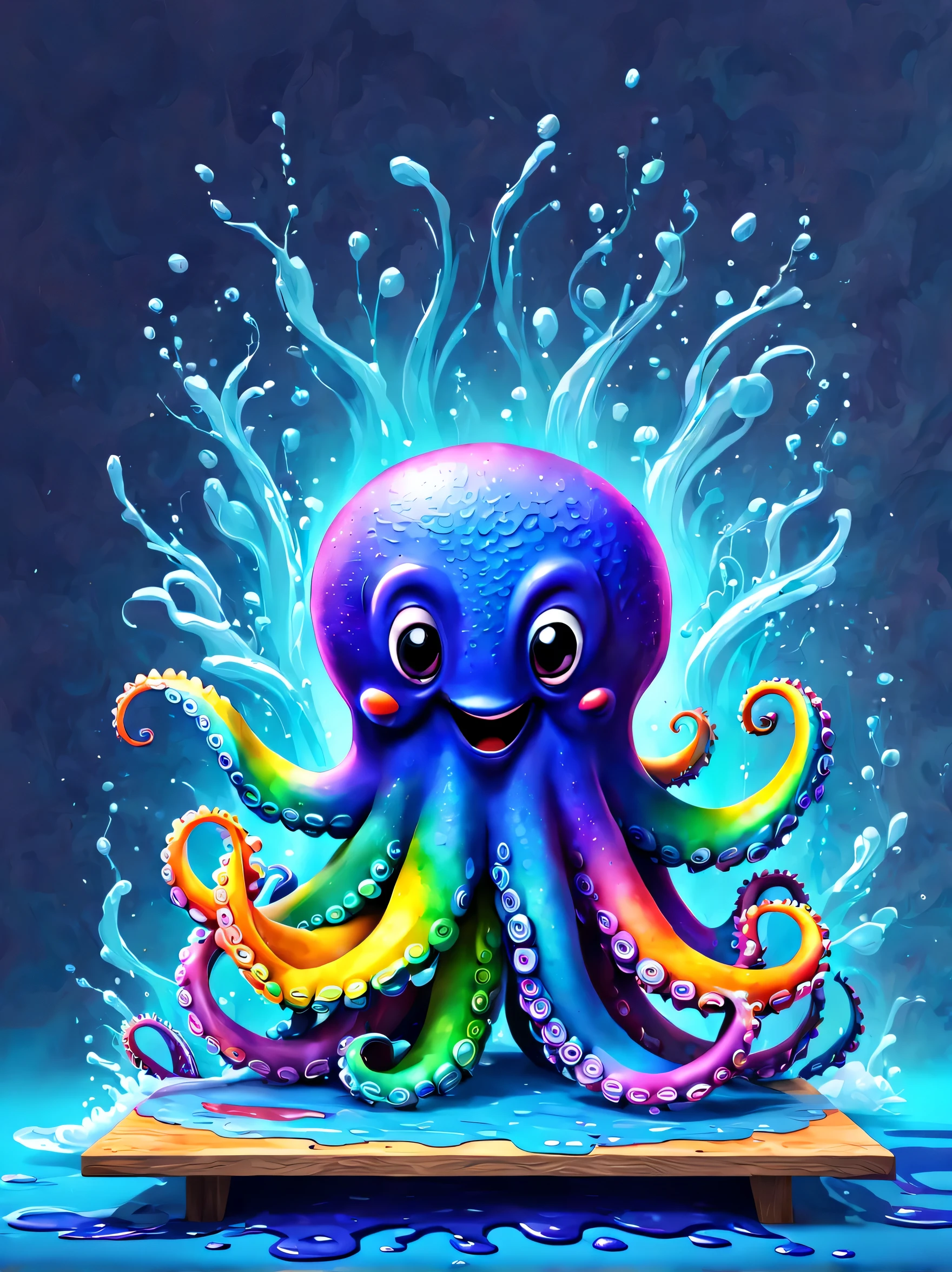 (Colorful rainbow octopus in colorful ink style),((oil paint brush,Board,Brushed board)),(Covered with ink splatters), Lovely 3D rendering, (Character covered in ink liquid splatter), (Underwater world background,Splashed ink,ink),4D cinema rendering octane, blender art, 4D color rendering in hospital, highly detailed photo of happy, Rendering in cinema4d, 4D cinema rendering, Colorful octane rendering, 3D illustration, 3D illustration, Stylize for 3D rendering . Full of energy, beautiful, translucent, complicated, detailed