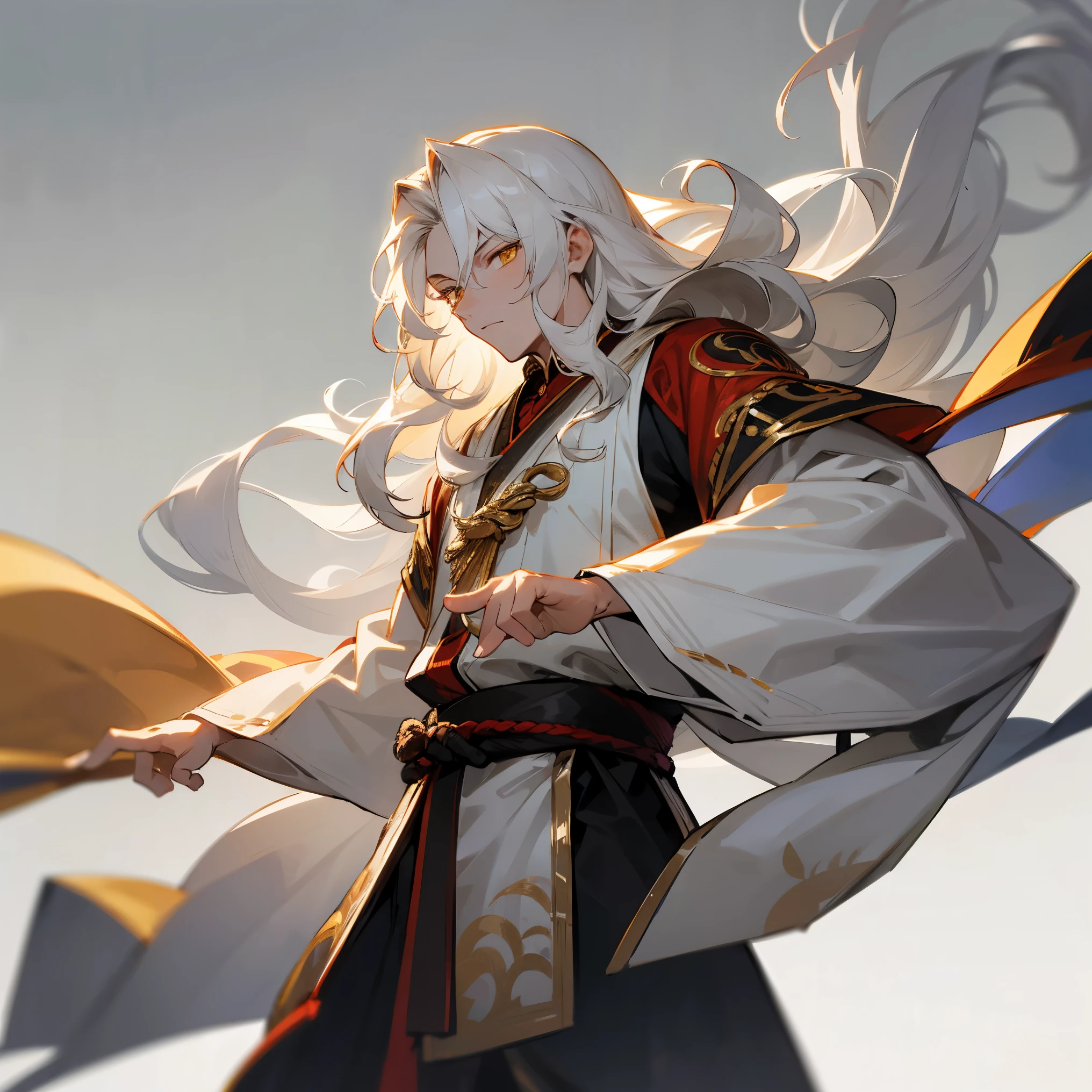 1male , Golden Eyes , Long Wavy Hair , White Hair , Martial Arts Robes , Unique Clothing , Grey Sky Background , Muscular