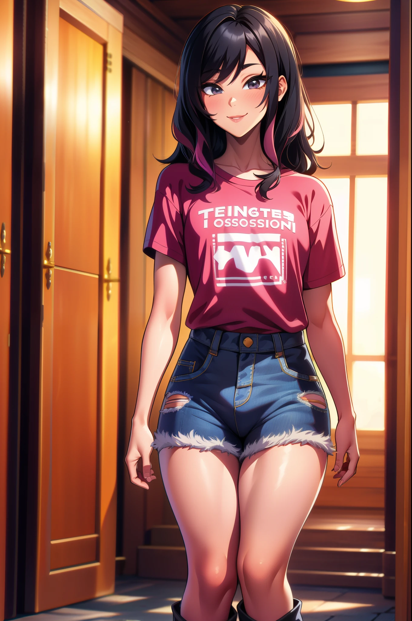 (extremely detailed CG unity 4k wallpaper),(masterpiece),(best quality),(ultra-detailed),(best illustration),(best shadow),(absurdres),(detailed background), full body shot, Asian Femboy, Cute, Slim build, Black eyes, Light skin, long denim skirt, Long black hair with pink highlights, American T-Shirt, western boots, Smile, bulge, black eyeliner, Texas farm background, anime art style,