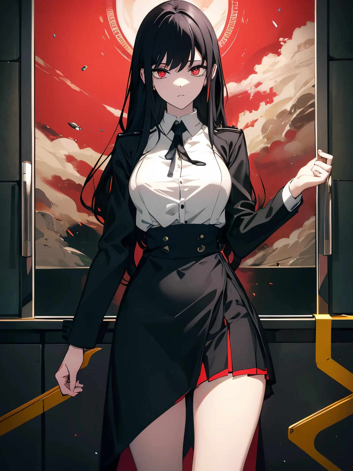 (highly saturated、colorful illustration:1.0)、(long perm hair、Black hair、bright skin:1.0)、(Beautiful slender legs:1.2)、1 girl, 24 Year old, game CG, Girl in  uniform, black skirt、put your hand on your waist、Morning standing on the train、(huge breasts:0.9)，rational movement，（（8K，masterpiece，realistic），（hyper detail)，ultra clear，nature，Vibrant all over the body，heavy chest，slender beautiful legs