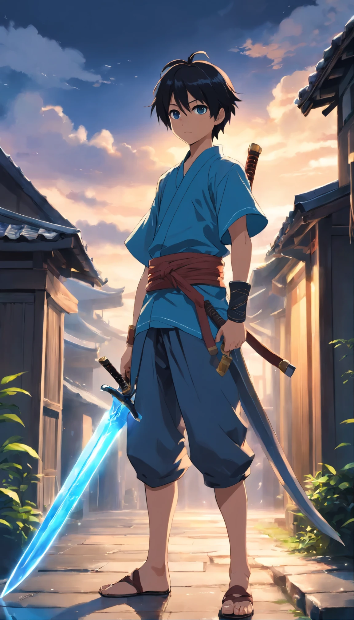 Full body portrait of an Asian warrior, 1 boy, detailed face, short black hair, blue eyes, holding a white invincible sword, good proportions, standing in front of the entrance to a modest village, Dynamic Posture, looking at the viewer, wearing armor, stormy background, dark clouds, artwork, 2D Art, HDR, watercolor, smooth rendering, high contrast, Subtle, main visual of the anime, high details