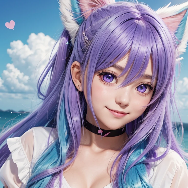 purple hair, blue hair, light blue hair, dark blue hair, pink hair, gradient hair, ahoge, curly hair, double bun, crossed bangs, messy hair, long hair, side swept bangs, floating hair, expressive hair, cloud hair, quiff, heart ahoge, halo, hairclip, beret, hairpin, hair ribbon, hair ornament, headphones, star hair ornament, heart hair ornament, butterfly hair ornament, bunny hair ornament, multicolored eyes, aqua eyes, sparkling eyes, purple eyes, wide-eyed, amber eyes, animal ears, smile, light smile, blush, bright pupils, smiley, full blush, happy, light blush, anime, anime style