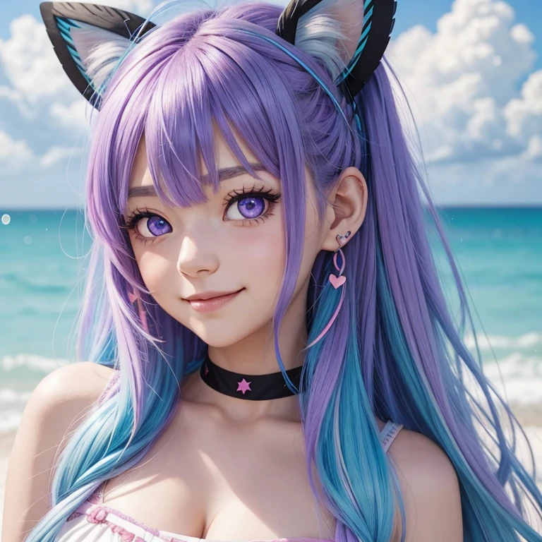 purple hair, blue hair, light blue hair, dark blue hair, pink hair, gradient hair, ahoge, curly hair, double bun, crossed bangs, messy hair, long hair, side swept bangs, floating hair, expressive hair, cloud hair, quiff, heart ahoge, halo, hairclip, beret, hairpin, hair ribbon, hair ornament, headphones, star hair ornament, heart hair ornament, butterfly hair ornament, bunny hair ornament, multicolored eyes, aqua eyes, sparkling eyes, purple eyes, wide-eyed, amber eyes, animal ears, smile, light smile, blush, bright pupils, smiley, full blush, happy, light blush, anime, anime style