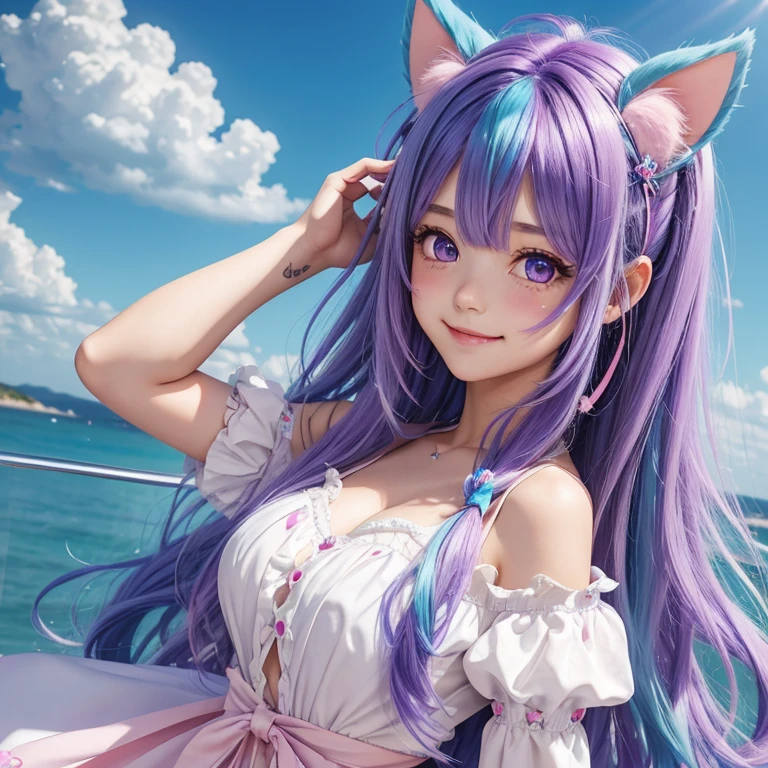 purple hair, blue hair, light blue hair, dark blue hair, pink hair, gradient hair, ahoge, curly hair, double bun, crossed bangs, messy hair, long hair, side swept bangs, floating hair, expressive hair, cloud hair, quiff, heart ahoge, halo, hairclip, beret, hairpin, hair ribbon, hair ornament, headphones, star hair ornament, heart hair ornament, butterfly hair ornament, bunny hair ornament, multicolored eyes, aqua eyes, sparkling eyes, purple eyes, wide-eyed, amber eyes, animal ears, smile, light smile, blush, bright pupils, smiley, full blush, happy, light blush, anime, anime style