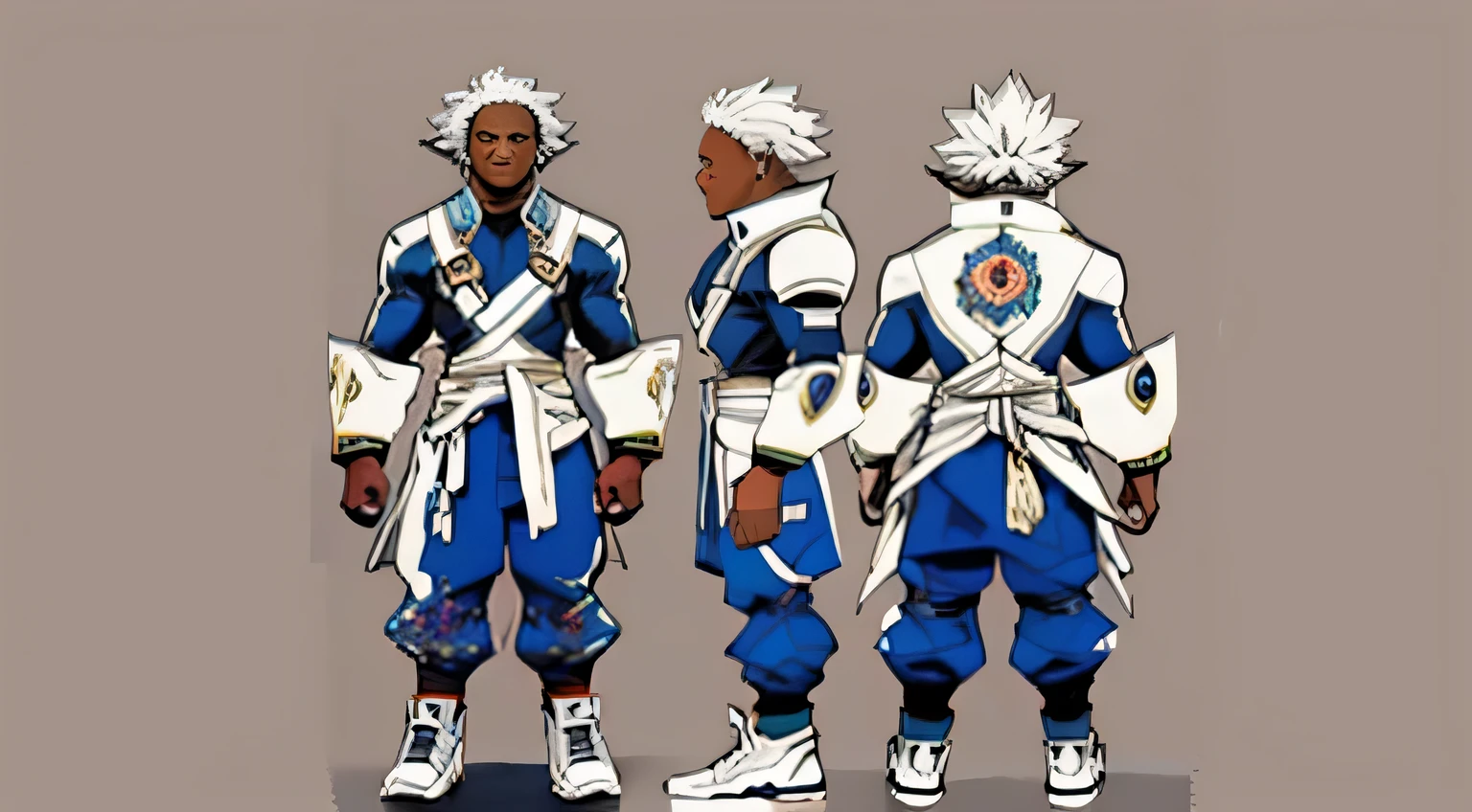 Uma folha de caracteres detalhada, com vista frontal, Vista lateral, three-quarter view, contra um fundo branco, mostrando um homem negro de 25 anos com short, messy white hair, wearing sneakers and light casual clothing. The sheet encompasses varying angles — front, traseira, and vista laterals—alongside a model sheet and a reference sheet, all illustrating a full-body representation. The proportions are based on a scale of 6:1/2heads.