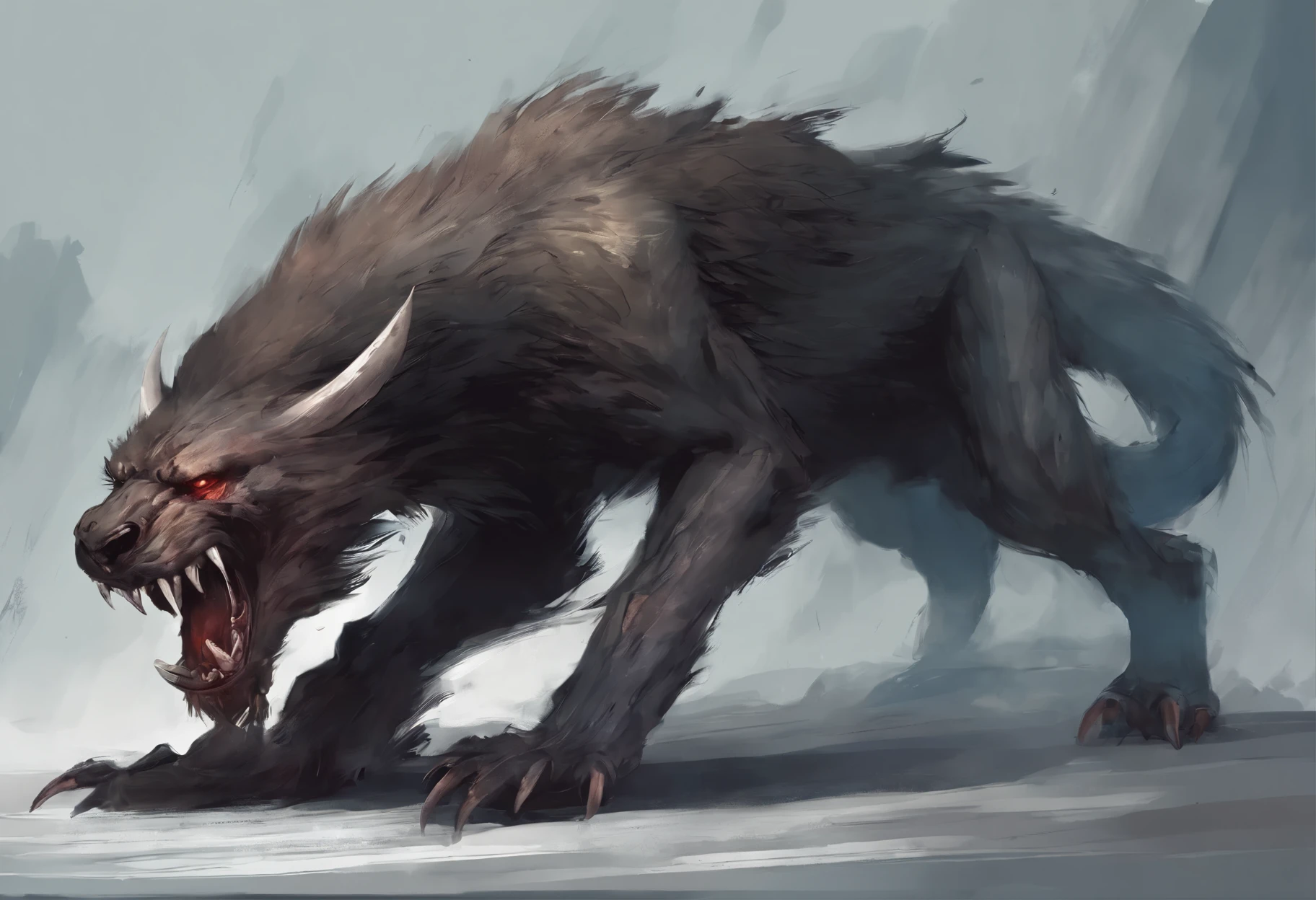 monster, got two long teeths, saber tooth, Beast, very long tooth, long fang, ugly monster, 4 legs, black fur, evil face, screaming, rotten skin, digital art, painting, paint artifacts, masterpiece, skinny monster