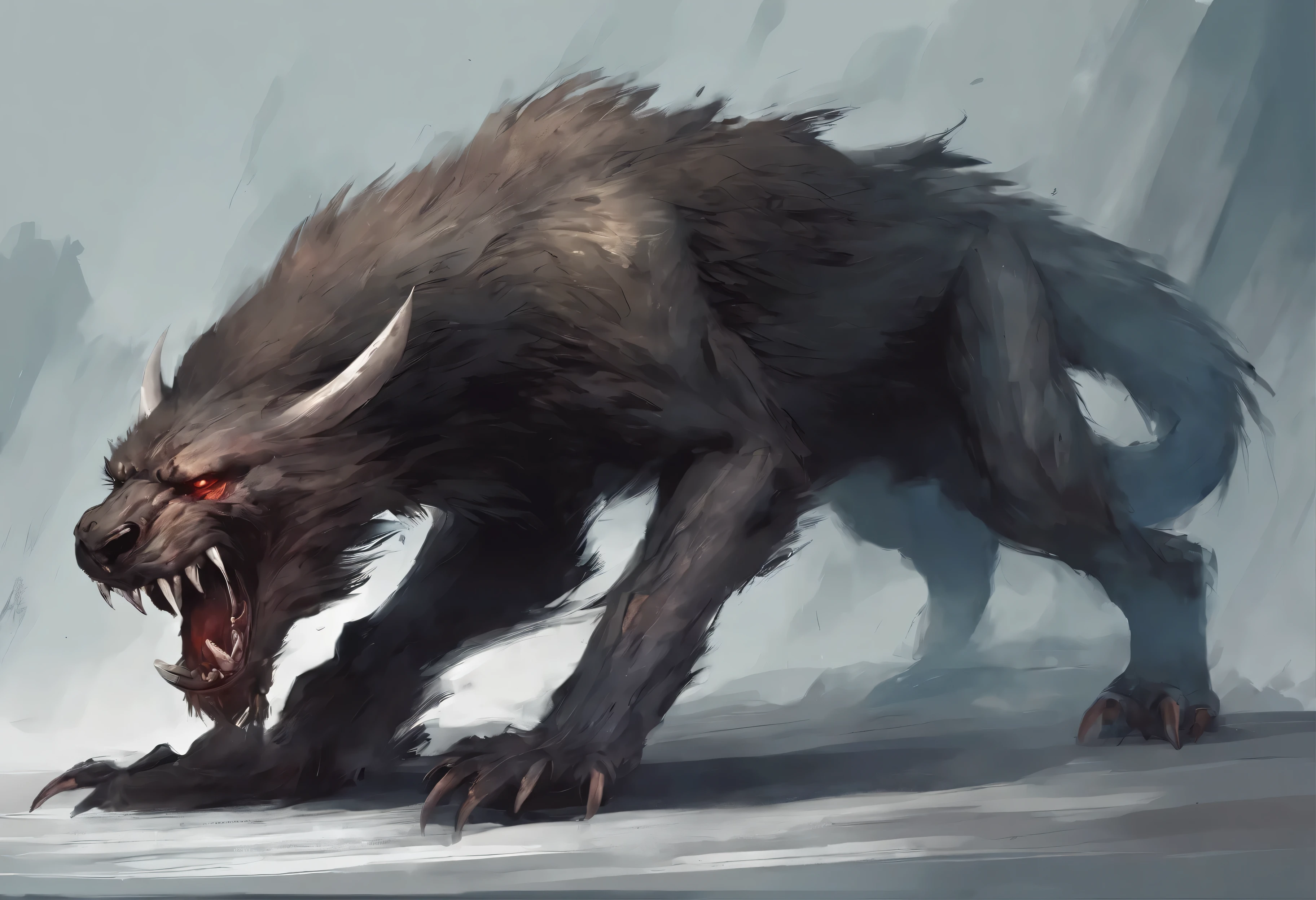 monster, got two long teeths, saber tooth, Beast, very long tooth, long fang, ugly monster, 4 legs, black fur, evil face, screaming, rotten skin, digital art, painting, paint artifacts, masterpiece, skinny monster