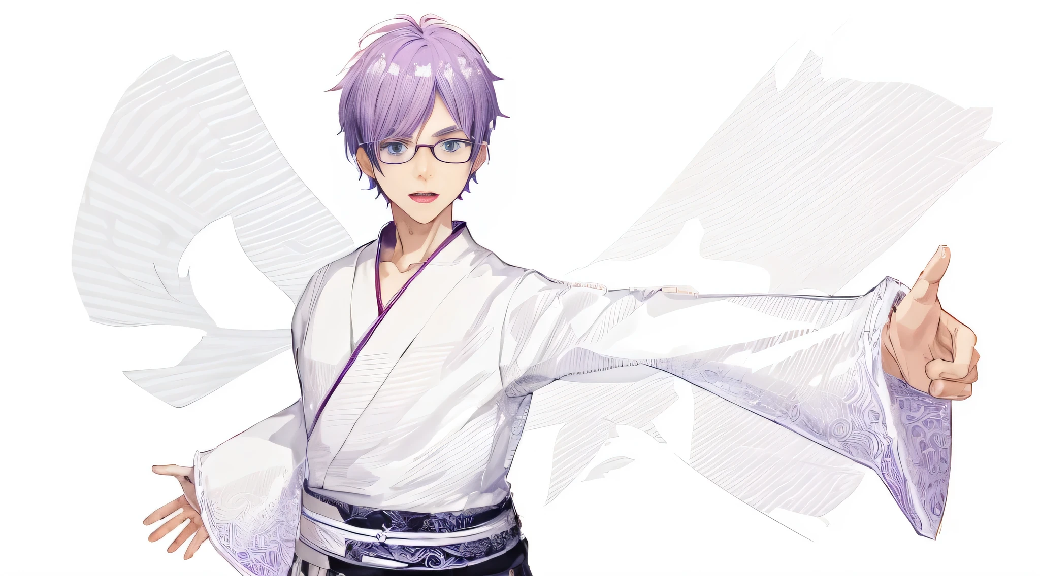 white clothes、Anime character with purple hair and glasses, Kentaro Miura style, live2d virtual YouTuber model, ((wearing nobility'robe of)), inspired by Okumura Masanobu, inspired by Itō Ogura Yonesuke, Kentaro Miura style, handsome anime pose, inspired by Okumura Togyu, anime male characters