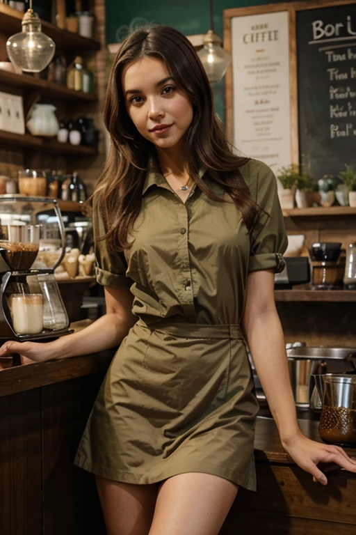 Show me a slim young girl with light brown brown teas dressed as a barista in a coffee shop with some green tones