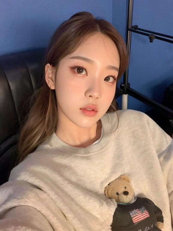 puffy woman with a teddy bear in a sweatshirt sitting on a chair, Lalisa Manobal, Sun Yunjoo, jossi do blackpink, profile picture with headshot, Lalisa Manoban do Blackpink, adorable and pale korean face, Heonhwa Choe, estacionar a partir de-min, portrait of jossi do blackpink, Ulzzang, jaeyeon nam