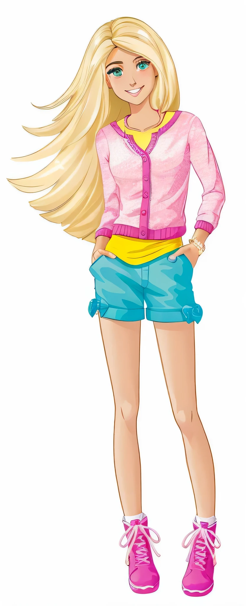 garota loira de camisa azul e short rosa com sapatos preto, close-up de corpo inteiro, vestida com top e shorts , cartoon style illustration, vestindo roupas casuais, garota anime loira com cabelo comprido, com longos cabelos loiros, Betty Cooper, em estilo cartoon, adolescente hiperrealista, com roupas em, usando roupas casuais