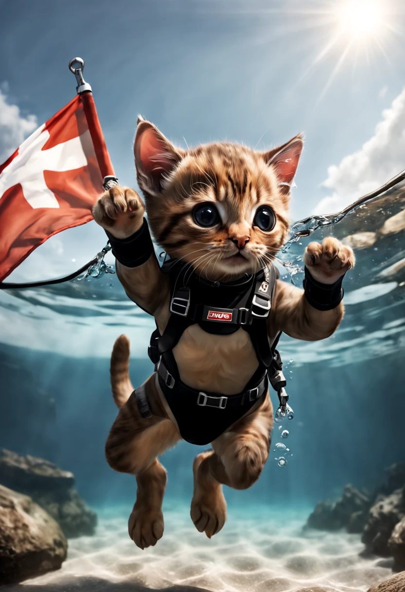 A photorealistic image of a very small brown kitten diving, with a complete diving outfit and round diving head set. The cat is very small and cute. The outfit has a Swiss flag logo. You can see the Geneva water jet in the background. The lighting should be dynamic. The overall atmosphere should capture the excitement and intensity of a diving