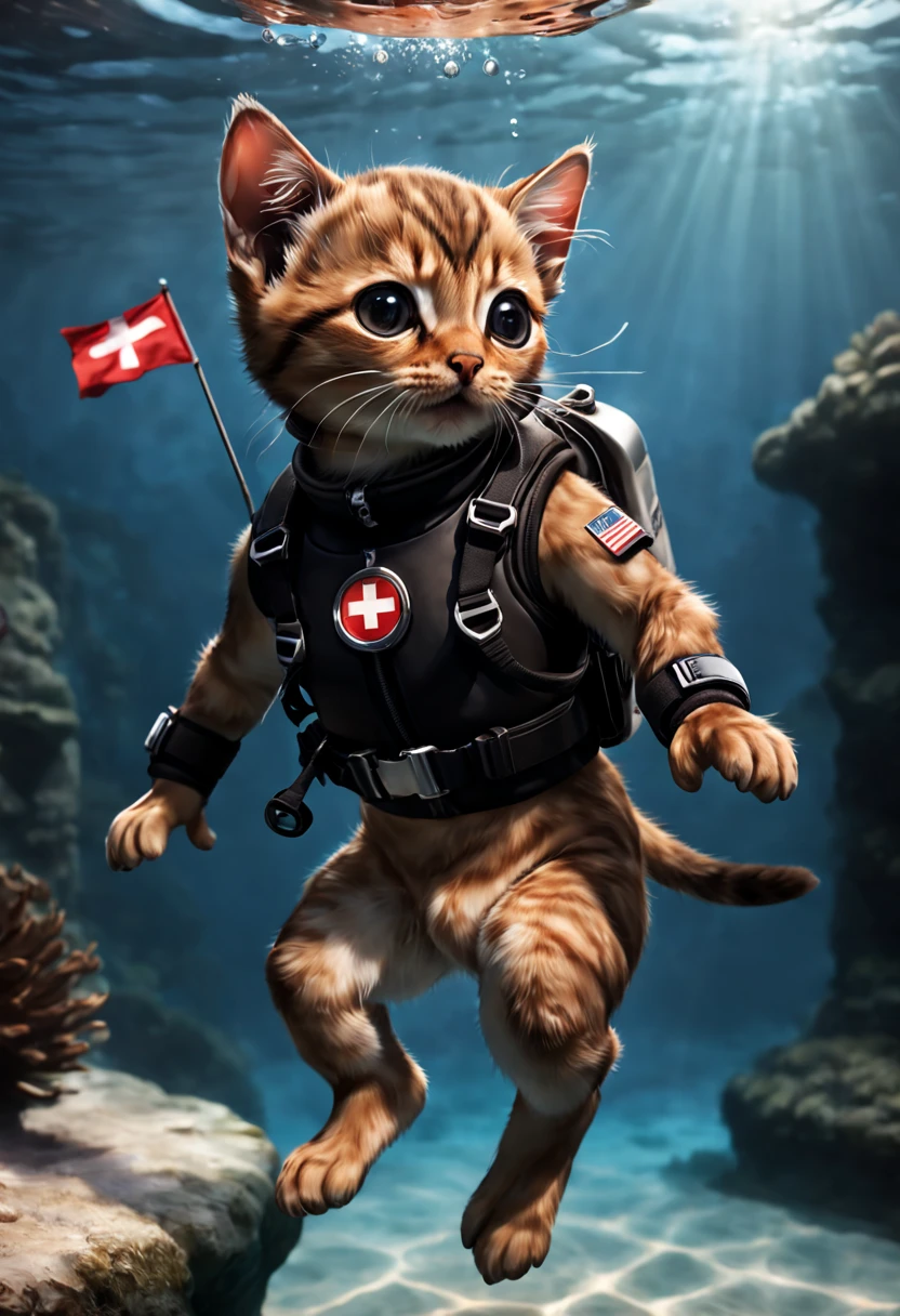 A photorealistic image of a very small brown kitten diving, with a complete diving outfit and round diving head set. The cat is very small and cute. The outfit has a Swiss flag logo. You can see the Geneva water jet in the background. The lighting should be dynamic. The overall atmosphere should capture the excitement and intensity of a diving