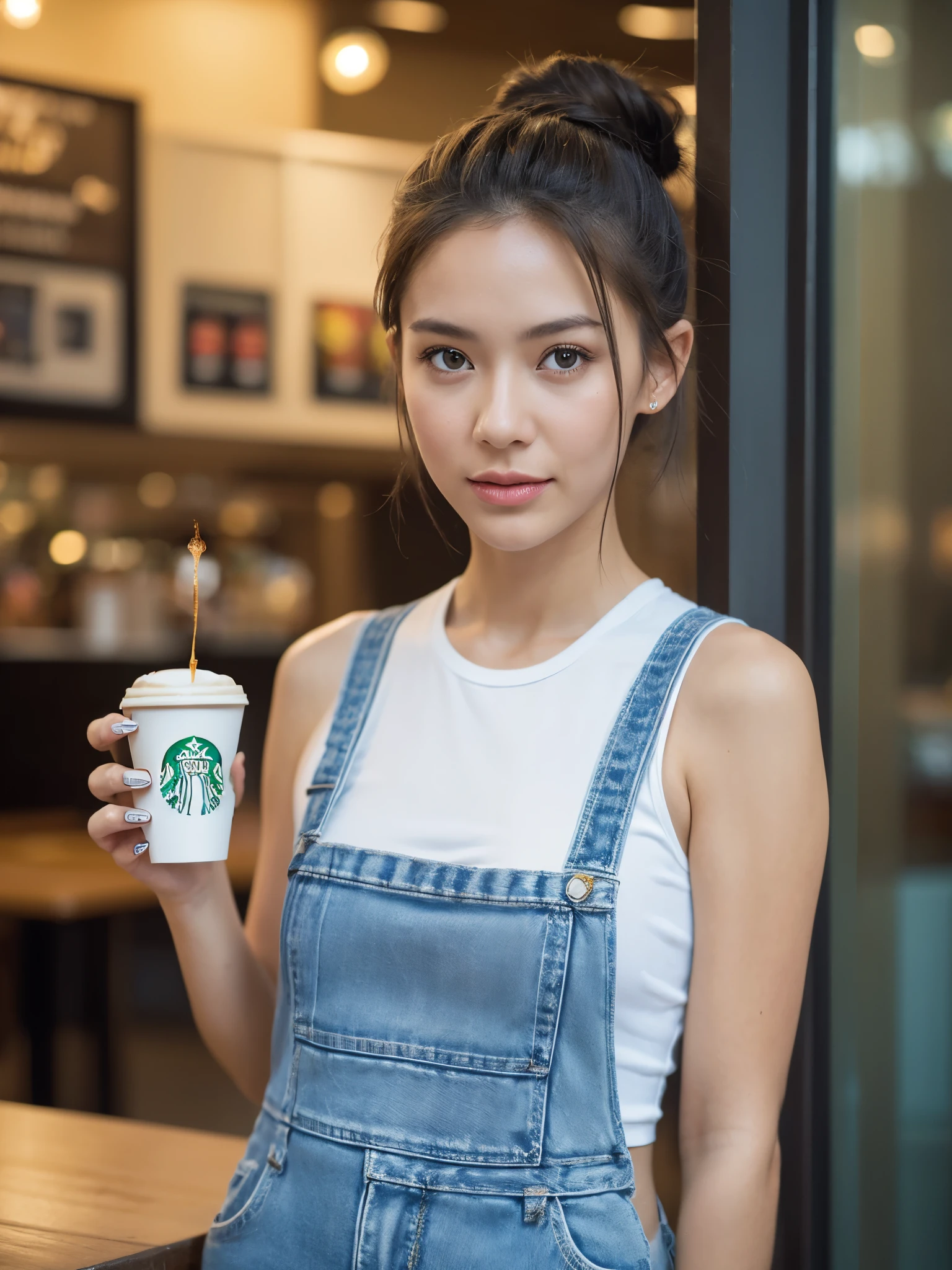  cinematic film still Create an image of a young woman with a friendly and inviting expression,standing in a starbuck cafe setting during the evening.Her hair is styled in two playful buns secured with yellow bands,(((and she is holding a starbuck coffee cup))).She wears a white tank top beneath denim overalls,which gives her a relaxed and contemporary look.The background should be softly blurred with warm lights to create a bokeh effect,suggesting the buzz of city life around her.The lighting in the image should cast a gentle glow,highlighting her features and the details of her outfit.,. shallow depth of field,vignette,highly detailed,high budget,bokeh,cinemascope,moody,epic,gorgeous,film grain,grainy,
-
Negative prompt : (((multiple people))),anime,cartoon,graphic,text,painting,crayon,graphite,abstract,glitch,deformed,mutated,ugly,disfigured,(((multiple people))),anime,cartoon,graphic,text,painting,crayon,graphite,abstract,glitch,deformed,mutated,ugly,disfigured,multiple people,(worst quality, low quality, illustration, 3d, 2d, painting, cartoons, sketch),tooth,open mouth,dull,blurry,watermark,low quality,black and white,embedding:bad_prompt_version2-neg,embedding:negative_hand-neg,embedding:ng_deepnegative