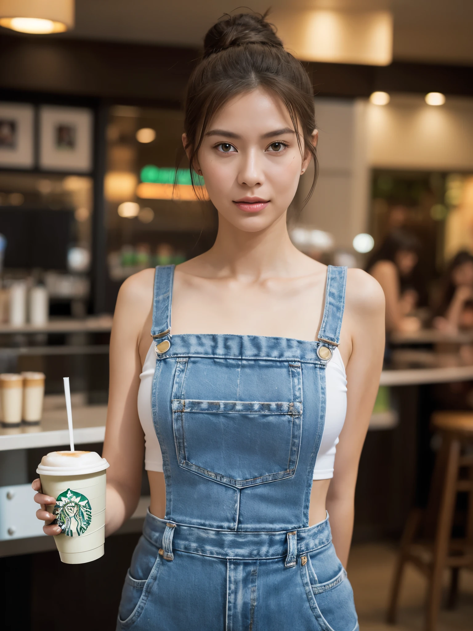  cinematic film still Create an image of a young woman with a friendly and inviting expression,standing in a starbuck cafe setting during the evening.Her hair is styled in two playful buns secured with yellow bands,(((and she is holding a starbuck coffee cup))).She wears a white tank top beneath denim overalls,which gives her a relaxed and contemporary look.The background should be softly blurred with warm lights to create a bokeh effect,suggesting the buzz of city life around her.The lighting in the image should cast a gentle glow,highlighting her features and the details of her outfit.,. shallow depth of field,vignette,highly detailed,high budget,bokeh,cinemascope,moody,epic,gorgeous,film grain,grainy,
-
Negative prompt : (((multiple people))),anime,cartoon,graphic,text,painting,crayon,graphite,abstract,glitch,deformed,mutated,ugly,disfigured,(((multiple people))),anime,cartoon,graphic,text,painting,crayon,graphite,abstract,glitch,deformed,mutated,ugly,disfigured,multiple people,(worst quality, low quality, illustration, 3d, 2d, painting, cartoons, sketch),tooth,open mouth,dull,blurry,watermark,low quality,black and white,embedding:bad_prompt_version2-neg,embedding:negative_hand-neg,embedding:ng_deepnegative