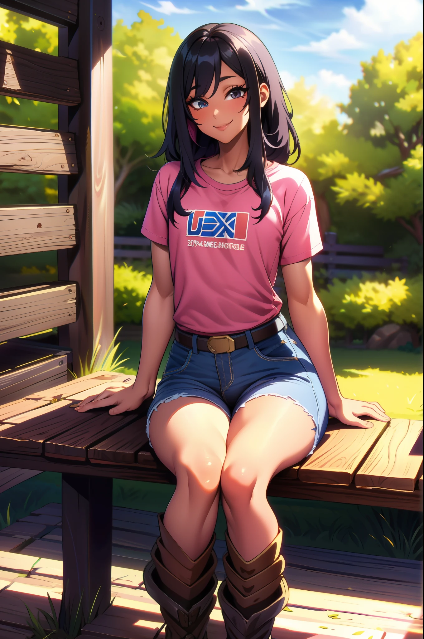 (extremely detailed CG unity 4k wallpaper),(masterpiece),(best quality),(ultra-detailed),(best illustration),(best shadow),(absurdres),(detailed background), full body shot, Asian Femboy, Cute, Slim build, Black eyes, Light skin, long denim skirt, Long black hair with pink highlights, USA T-Shirt, western boots, Smile, bulge, black eyeliner, Texas farm background, anime art style, flat chest, Sitting on a bench 