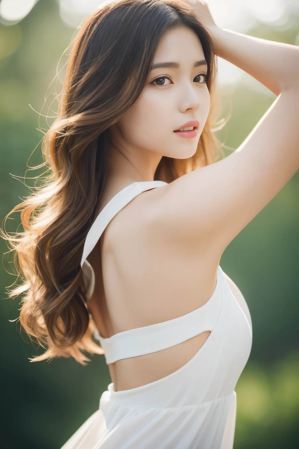 (Realistic lighting, best quality, 8K, masterpiece: 1.3), sharp focus: 1.2,
A young, elegant woman with a slender body poses for the camera. Her long, wavy brown hair cascades down her back, framing her beautifully defined features. Her fair, sparkling skin is illuminated by the soft, warm light, highlighting every detail. She wears a simple white off-the-shoulder dress that reveals a hint of her slim abs and toned hips. Her arms are slightly raised, revealing the delicate texture of her skin and the delicate outline of her breasts. The focus on her face is precise, capturing every detail of her beautiful