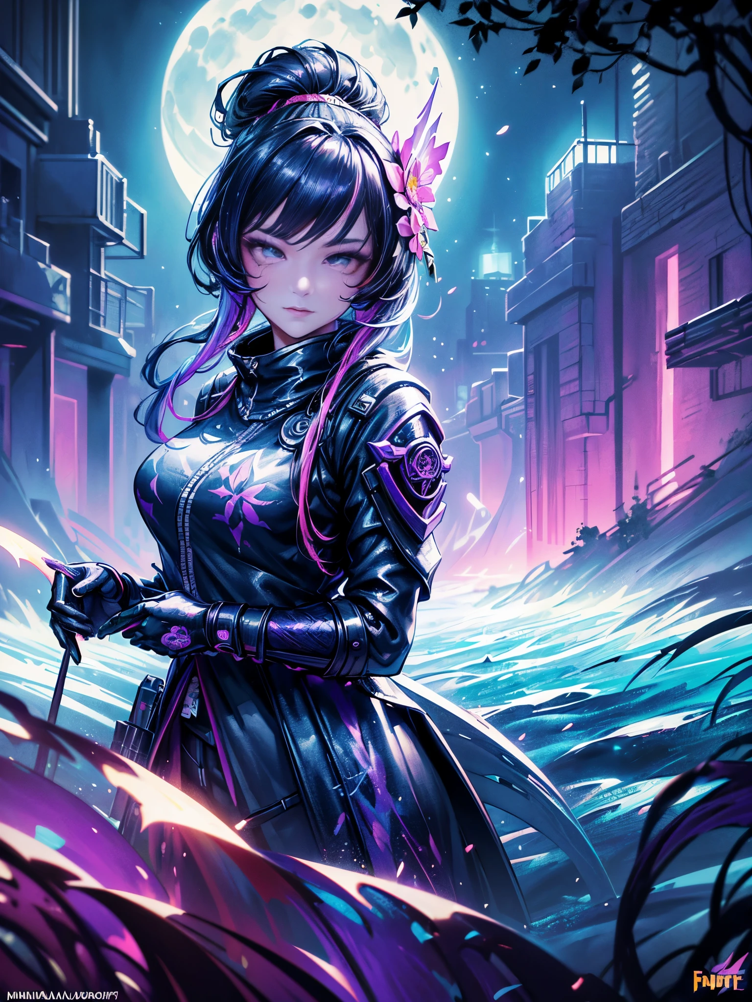 (splash art:1.2), Floral oil painting, Ink dripping, (1 beautiful female ninja, Moonlight night, Mechanical City, Fortnite style, Mechanical Forest, moon, futuristic), (Colorful ink splash style:1.5), (extremely colorful, best quality, detailed details, masterpiece, official art, Lighting effects, 8K, chiaroscuro)
