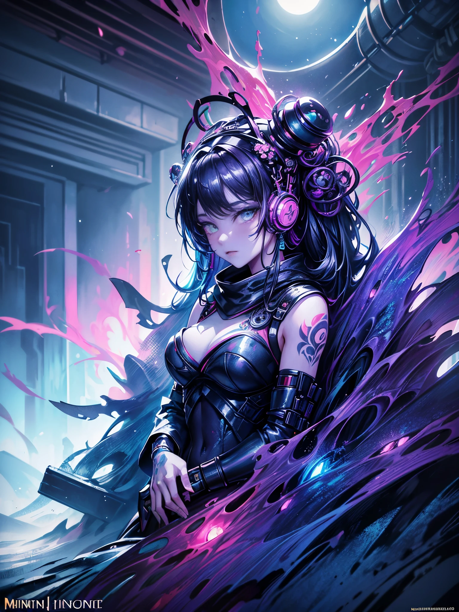 (splash art:1.2), Floral oil painting, Ink dripping, (1 beautiful female ninja, Moonlight night, Mechanical City, Fortnite style, Mechanical Forest, moon, futuristic), (Colorful ink splash style:1.5), (extremely colorful, best quality, detailed details, masterpiece, official art, Lighting effects, 8K, chiaroscuro)