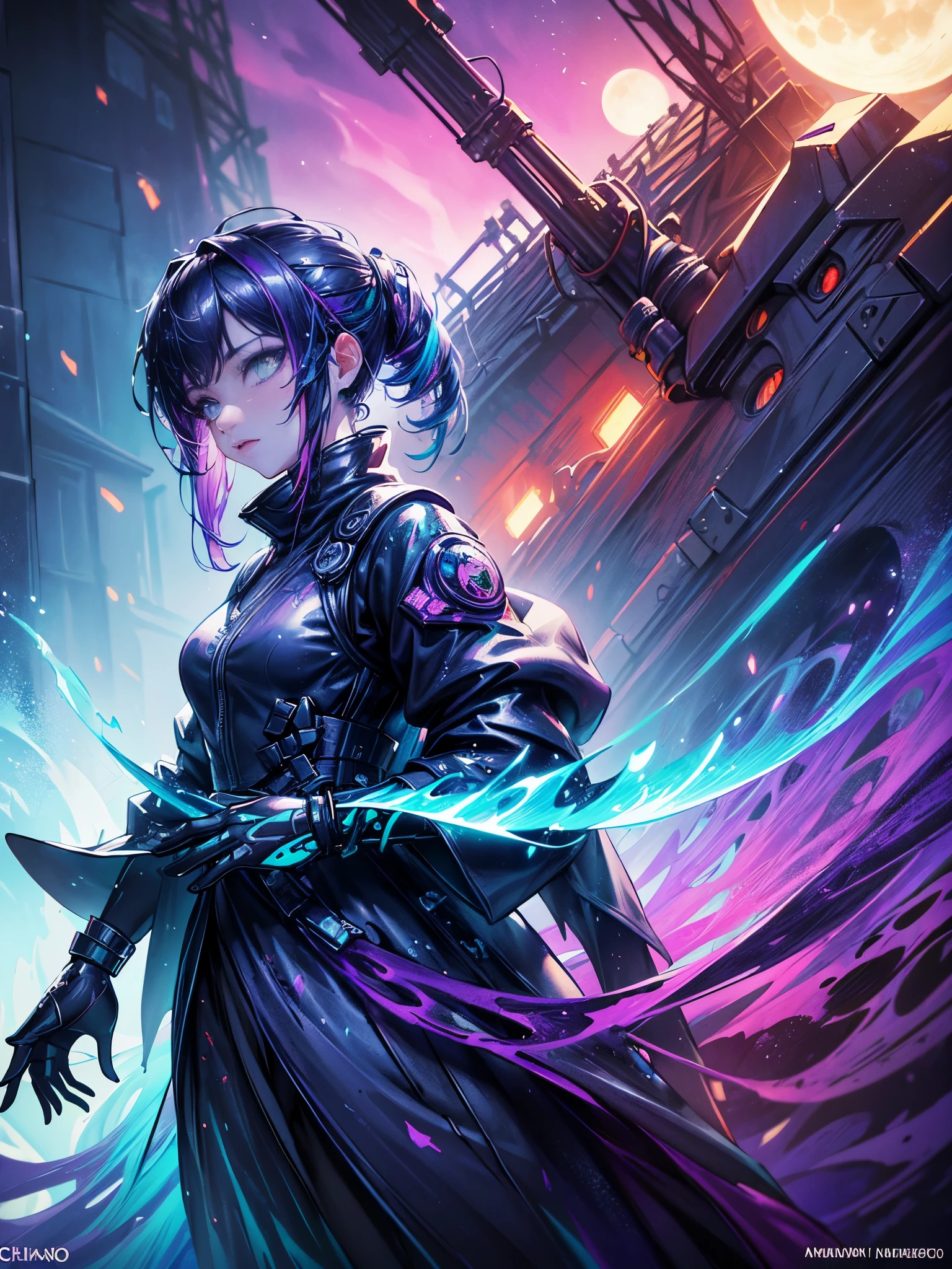 (splash art:1.2), Floral oil painting, Ink dripping, (1 beautiful female ninja, Moonlight night, Mechanical City, Fortnite style, Mechanical Forest, moon, futuristic), (Colorful ink splash style:1.5), (extremely colorful, best quality, detailed details, masterpiece, official art, Lighting effects, 8K, chiaroscuro)