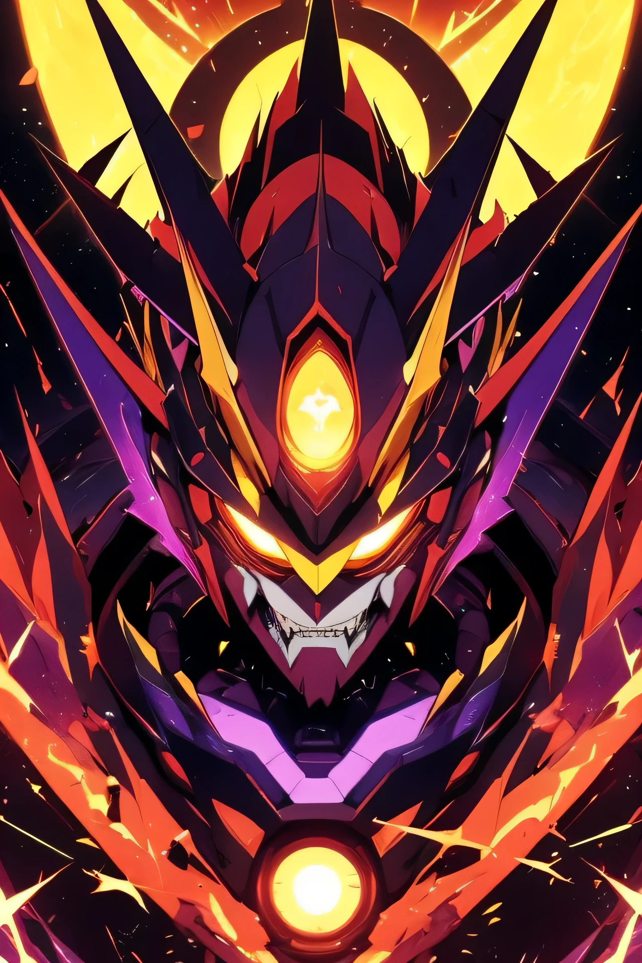 Mecha, Giant Robo, Type Tengen Toppa Gurren-Lagann, Witch Hat Metal, Purple, Yellow Energy, Forms of Yellow Energy Coming Out of the Head, Thorns, Teeth, Beasts, Robot head, Universal im Background, Galaxys