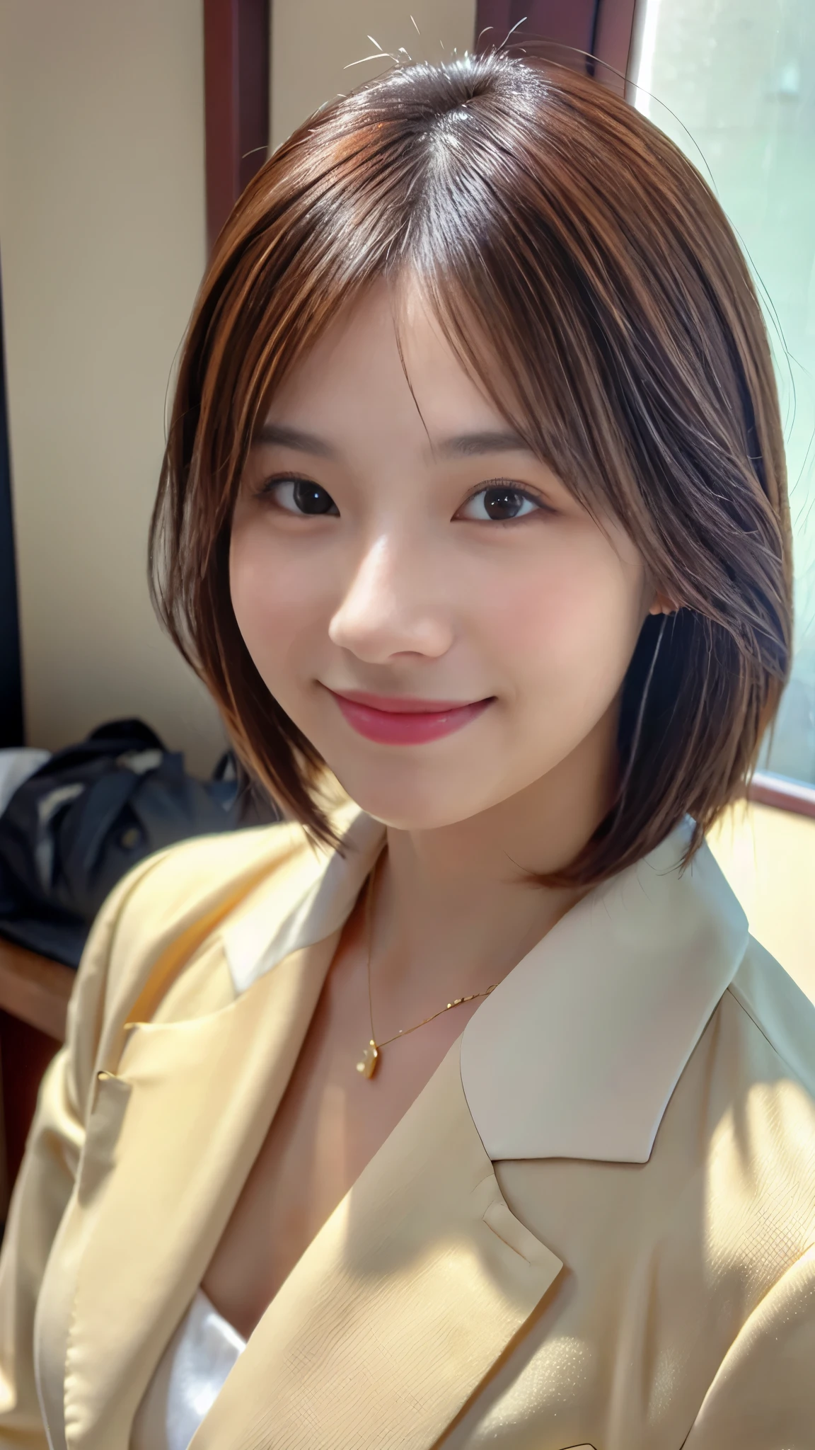 (RAW photo), (Photoreal), (masterpiece), (highest quality), High resolution, 8K, (intricate details), (light with volume), portrait, woman, 40 years old, short hair, straight hair , layered hair, brown hair, very fine eyes, Source Order, very thin eyebrows, Very fine skin, Very fine mouth, Very fine nose, cute like an idol, smile, (thick lips), (looking at the viewer), (elegant sheer collar blouse),Take photos with your family at a Showa photo studio，full body image
