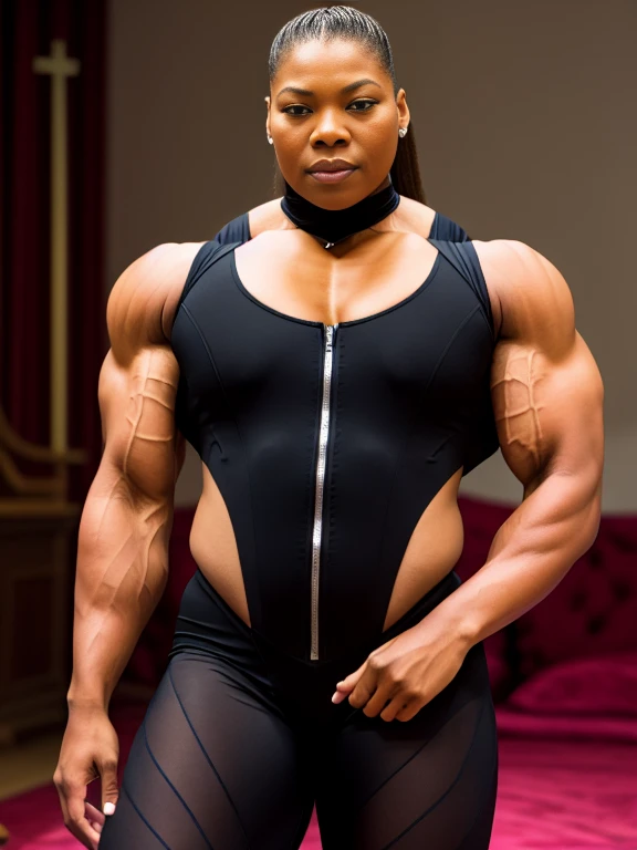 Queen latifah,  Wearing a skin tight Olympic long track speedskating  suit,     year old perdita werek, extremely muscular thick neck muscles,  giant neck muscles, A heavily muscled iffb pro female bodybuilder,  huge trapezius muscles,  neck muscles pretrudes wider than her head, bulging neck muscles,  tiny breasts, ,   close up portrait.,front view, looking at floor, where a young prostitute sits on the edge of the bed,, midriff, torn top, breast exposed, (very detailed clothing: 1.2), (highly detailed background: 1.hotorealistic, 1girl, Fishnet, torn clothes, masterpiece, best quality, highly detailed. (winning photo: 1.2), JP ,22 YEARS OLD,FACE,LOOKING AT VIEWER, torn clothes, cloth pieces, catholic 