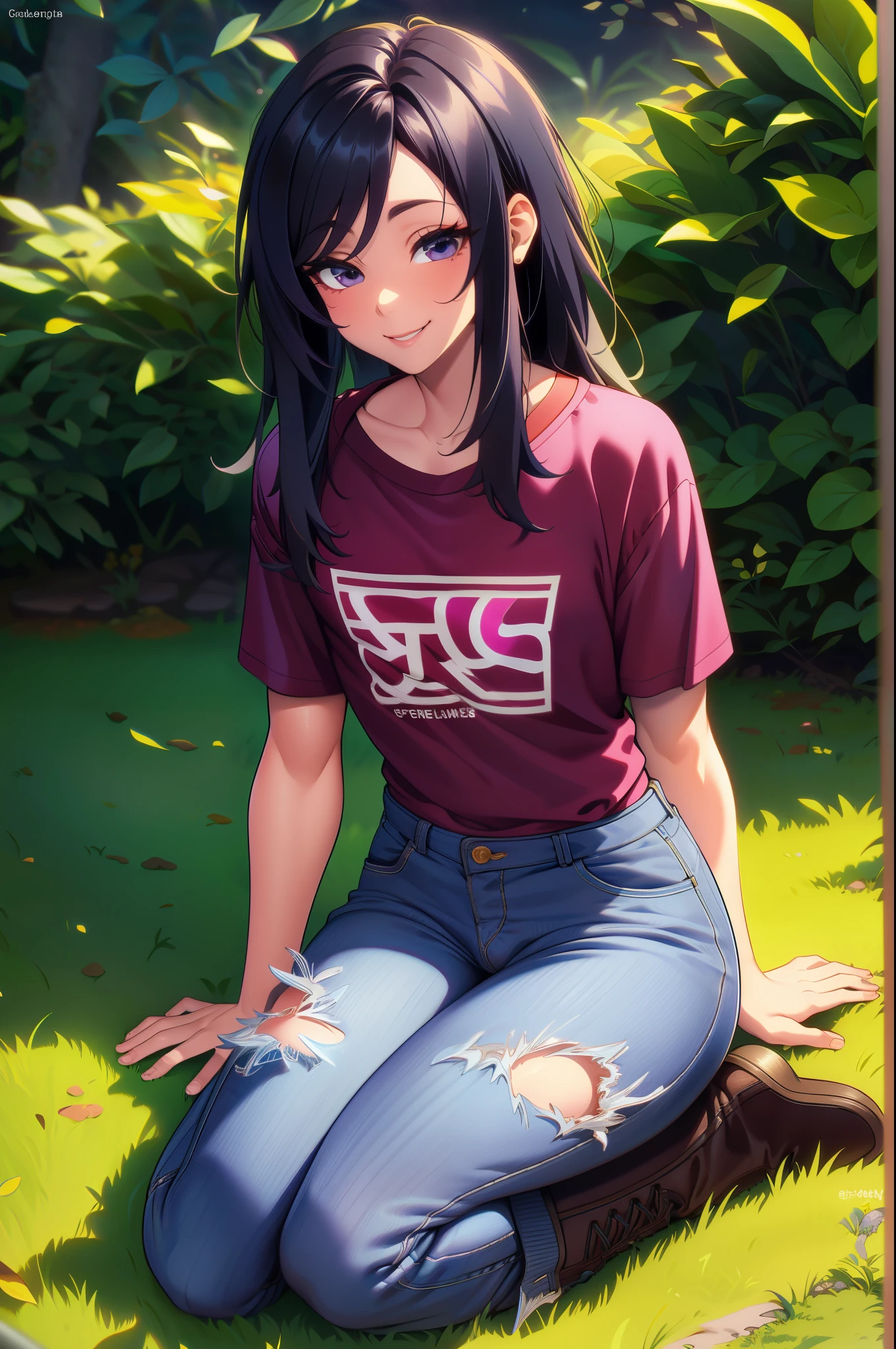 (extremely detailed CG unity 4k wallpaper),(masterpiece),(best quality),(ultra-detailed),(best illustration),(best shadow),(absurdres),(detailed background), full body shot, Asian Femboy, Cute, Slim build, Black eyes, Light skin, long denim skirt, Long black hair with pink highlights, USA T-Shirt, western boots, Smile, bulge, black eyeliner, Texas farm background, anime art style, flat chest, Sitting on the grass,