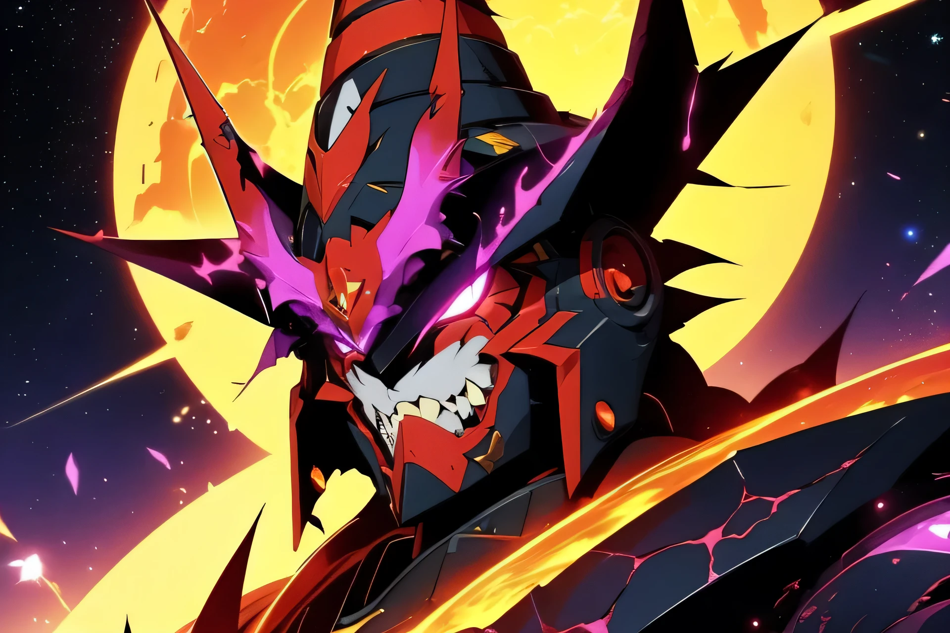 Mecha, Giant Robo, Type Tengen Toppa Gurren-Lagann, Witch Hat Metal, Purple, Yellow Energy, Forms of Yellow Energy Coming Out of the Head, Thorns, Teeth, Beasts, Robot head, Universal im Background, Galaxys