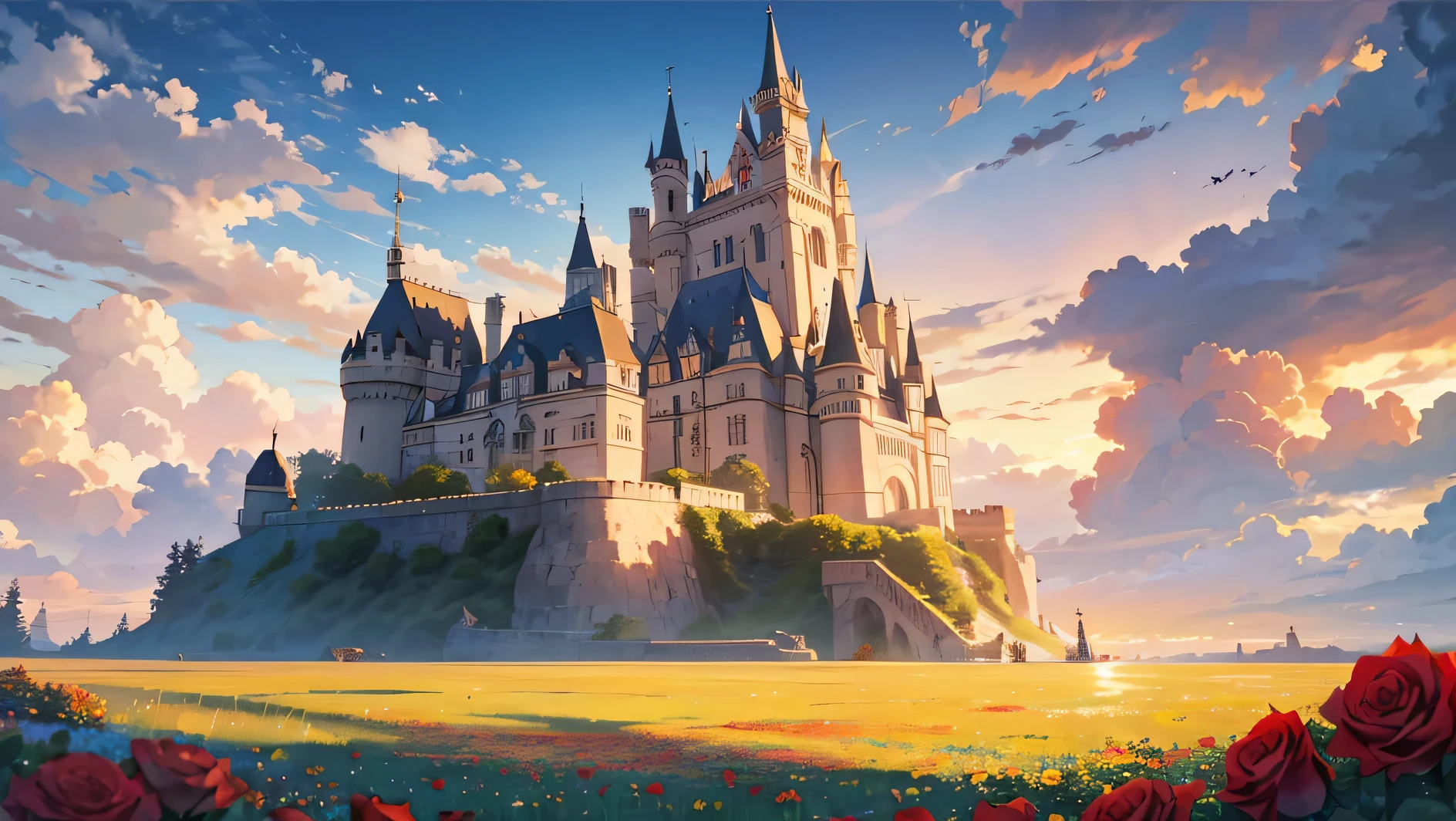 Beautiful castle in the sky with big clouds and a sea with flowers and roses, golden hour