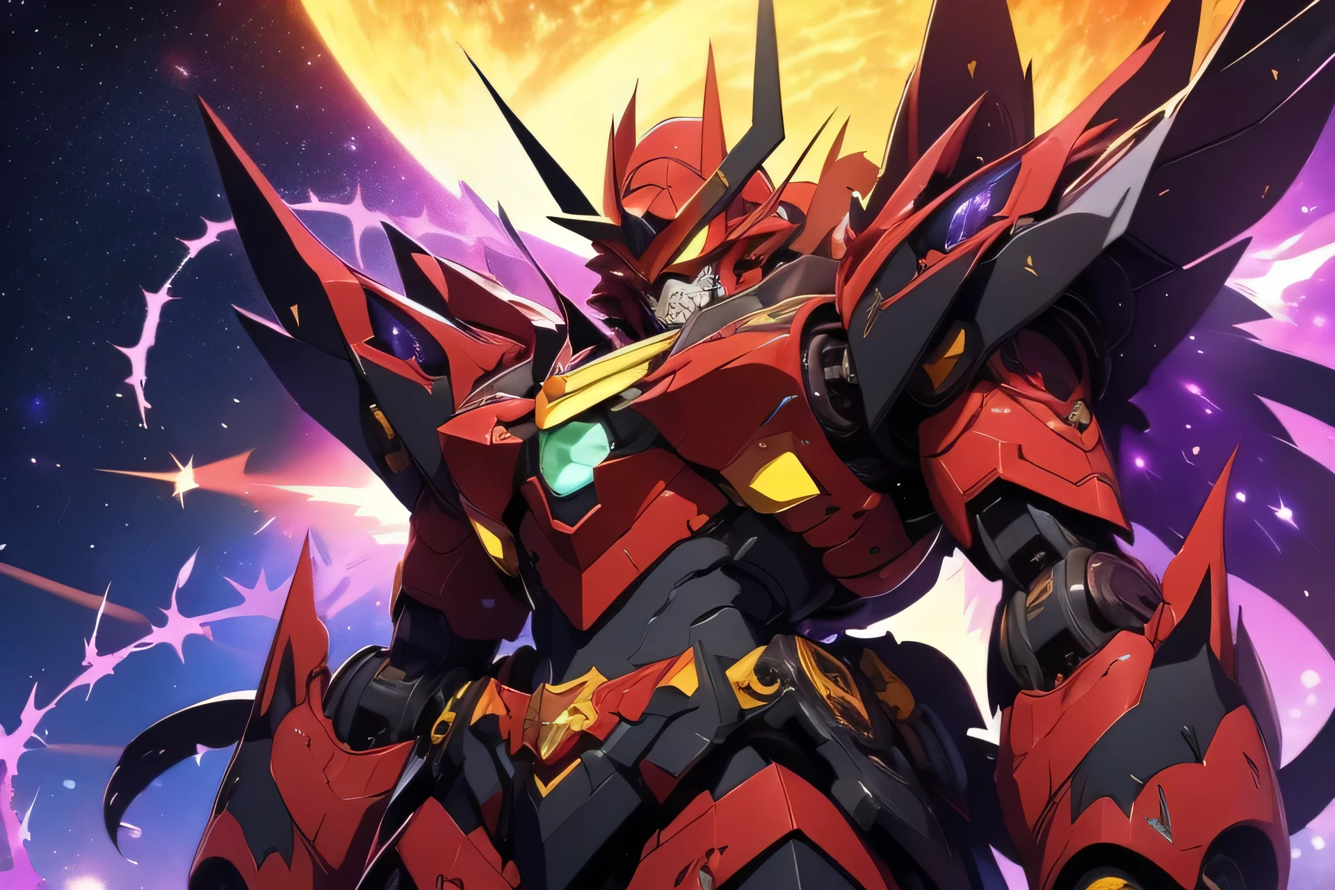 Mecha, Giant Robo, Type Tengen Toppa Gurren-Lagann, Witch Hat Metal, Purple, Yellow Energy, Forms of Yellow Energy Coming Out of the Head, Thorns, Teeth, Beasts, Robot head, Universal im Background, Galaxys