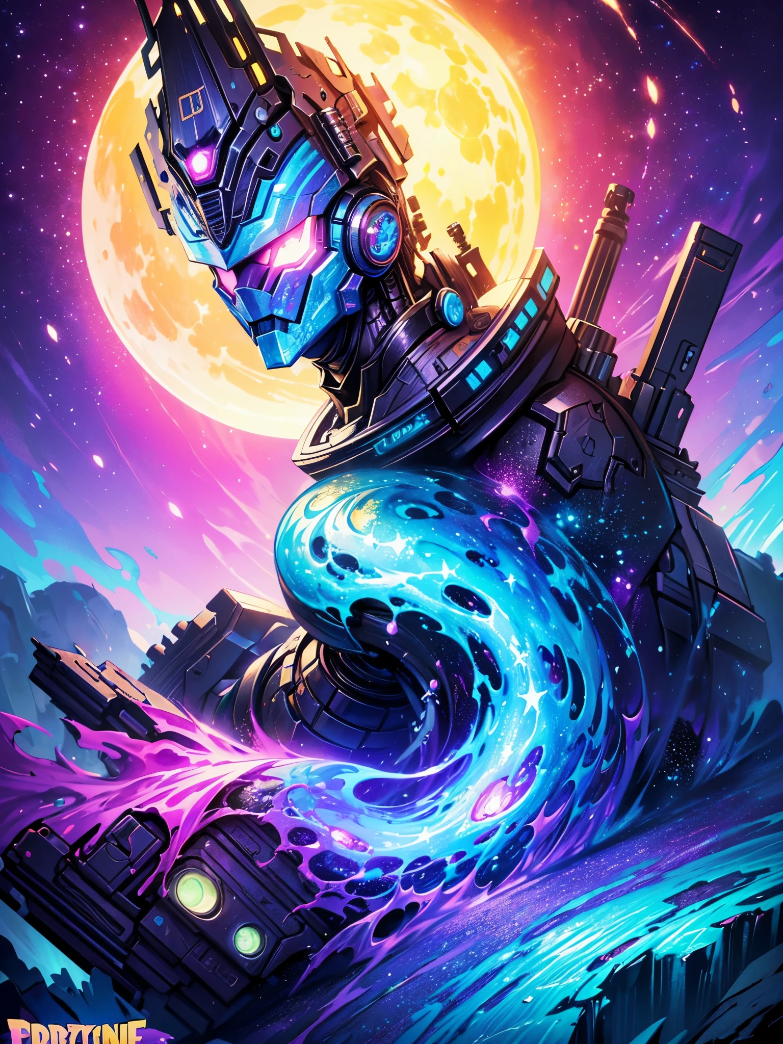 (splash art:1.2), Floral oil painting, Ink dripping (Cybertron Star, universe, Mechanical City, Fortnite style, Mechanical Forest, moon, futuristic), (Colorful ink splash style:1.5), (extremely colorful, best quality, detailed details, masterpiece, official art, Lighting effects, 8K, chiaroscuro)