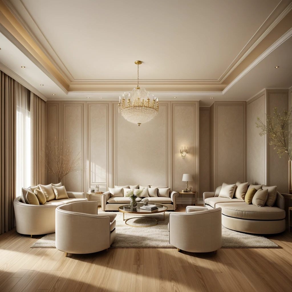 (((neoclassical-style livingroom ))), a brown wooden floor, cream-colored curtains, a white door, and super sharp photos that exude elegance.