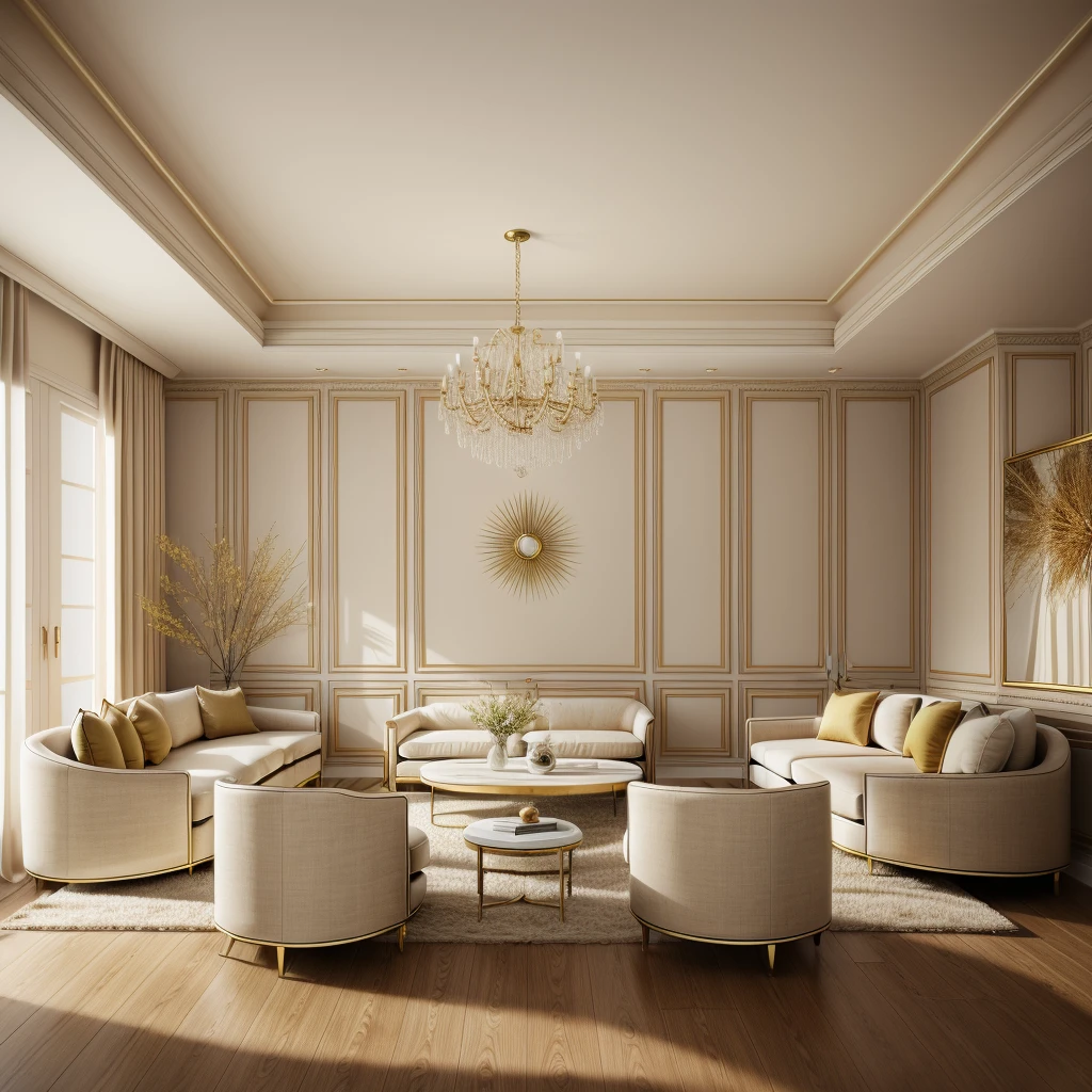 (((neoclassical-style livingroom ))), a brown wooden floor, cream-colored curtains, a white door, and super sharp photos that exude elegance.