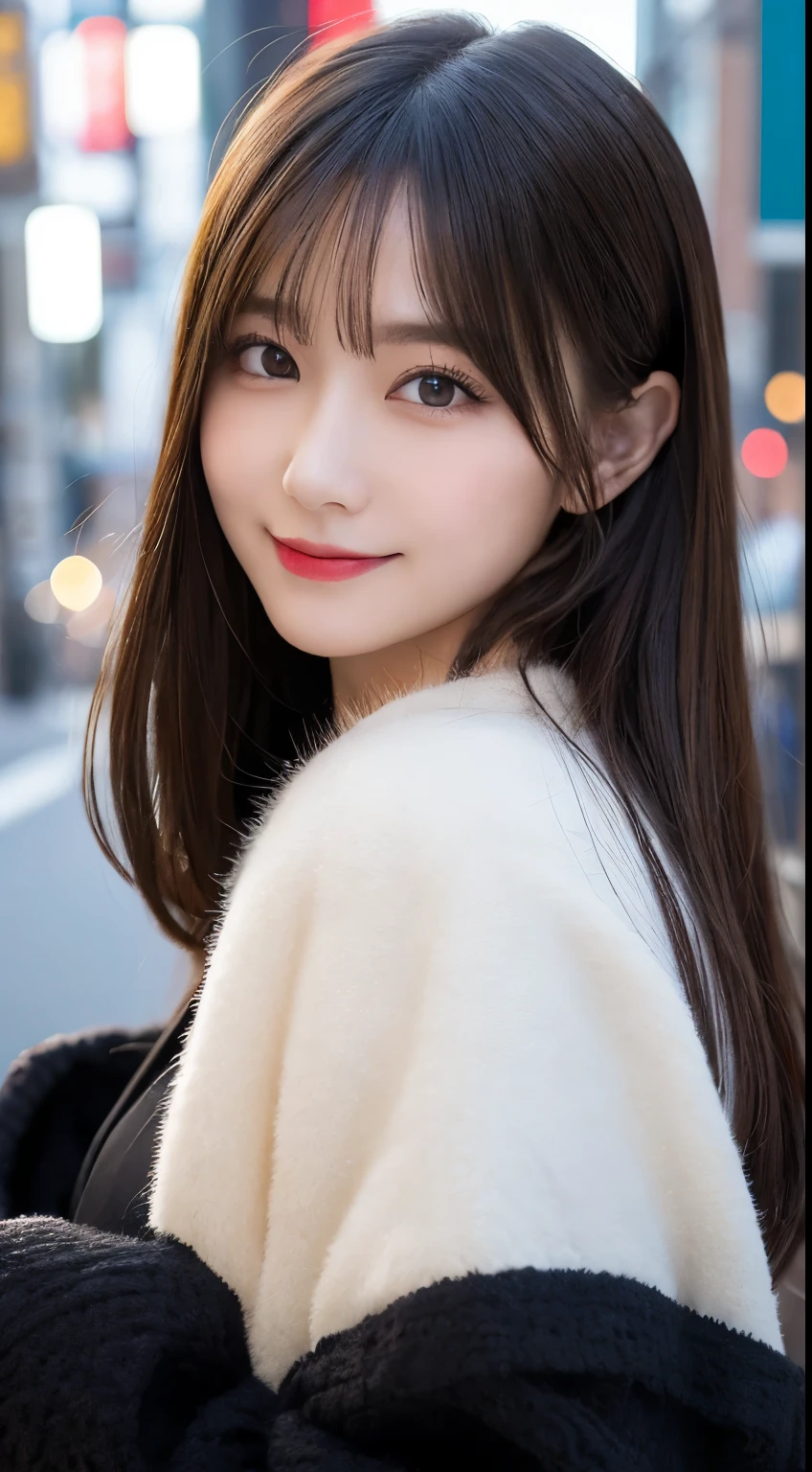table top, highest quality, shape, Super detailed, finely, High resolution, 8k wallpaper, 完璧なダイナミックな構shape, beautiful and detailed eyes, tokyo trend冬ファッション,tokyo trend＆Introducing cute hairstyles at random, small breasts, natural color lip, random sexy pose,cute smile,big city、20 year old girl、beautiful and detailed face、perfect and beautiful face,Big eyes、Wear fluffy black outerwear with fur、beautiful detailed face、perfect and beautiful double eyelids、blur the background、perfect and beautiful face、Feminine poses、blur the background,slim face and body