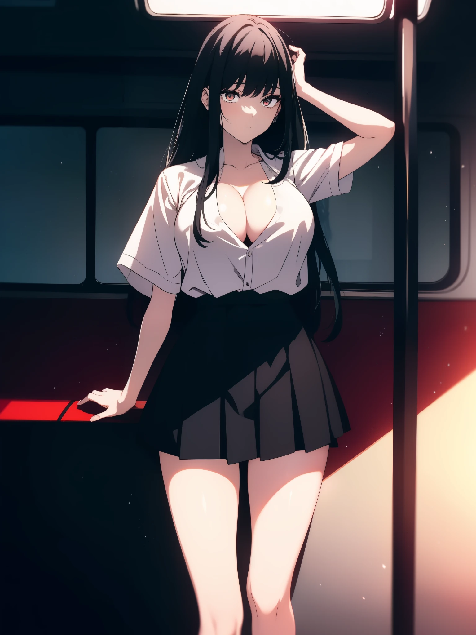 (highly saturated、colorful illustration:1.0)、(long perm hair、Black hair、bright skin:1.0)、(Beautiful slender legs:1.2)、1 girl, 24 Year old, game CG, Girl in School uniform, black skirt、put your hand on your waist、Morning standing on the train、(huge breasts:0.9)，rational movement，（（8K，masterpiece，realistic），（hyper detail)，ultra clear，nature，Vibrant cleavage all over the body，heavy chest，slender beautiful legs