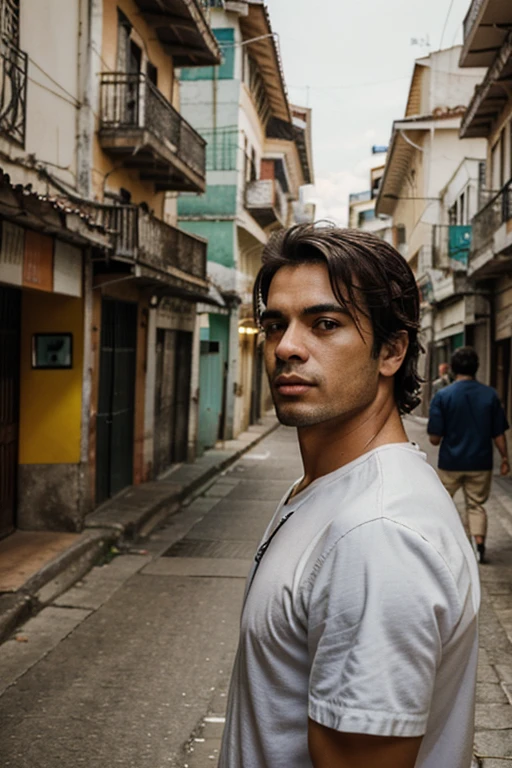 create realistic looking photos of a man who was born in 1985 and is Brazilian, also with characteristics of Brazilian places in the background of the photo
