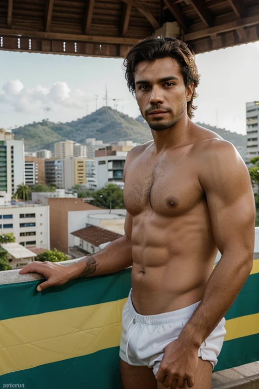 create realistic looking photos of a man who was born in 1985 and is Brazilian, also with characteristics of Brazilian places in the background of the photo