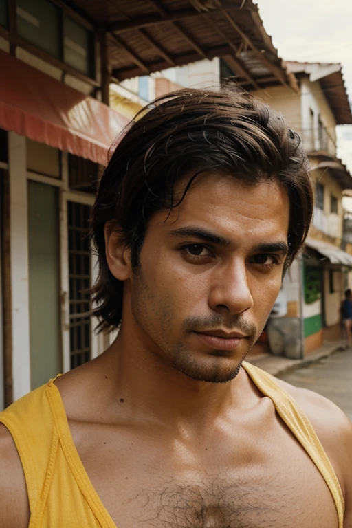 create realistic looking photos of a man who was born in 1985 and is Brazilian, also with characteristics of Brazilian places in the background of the photo